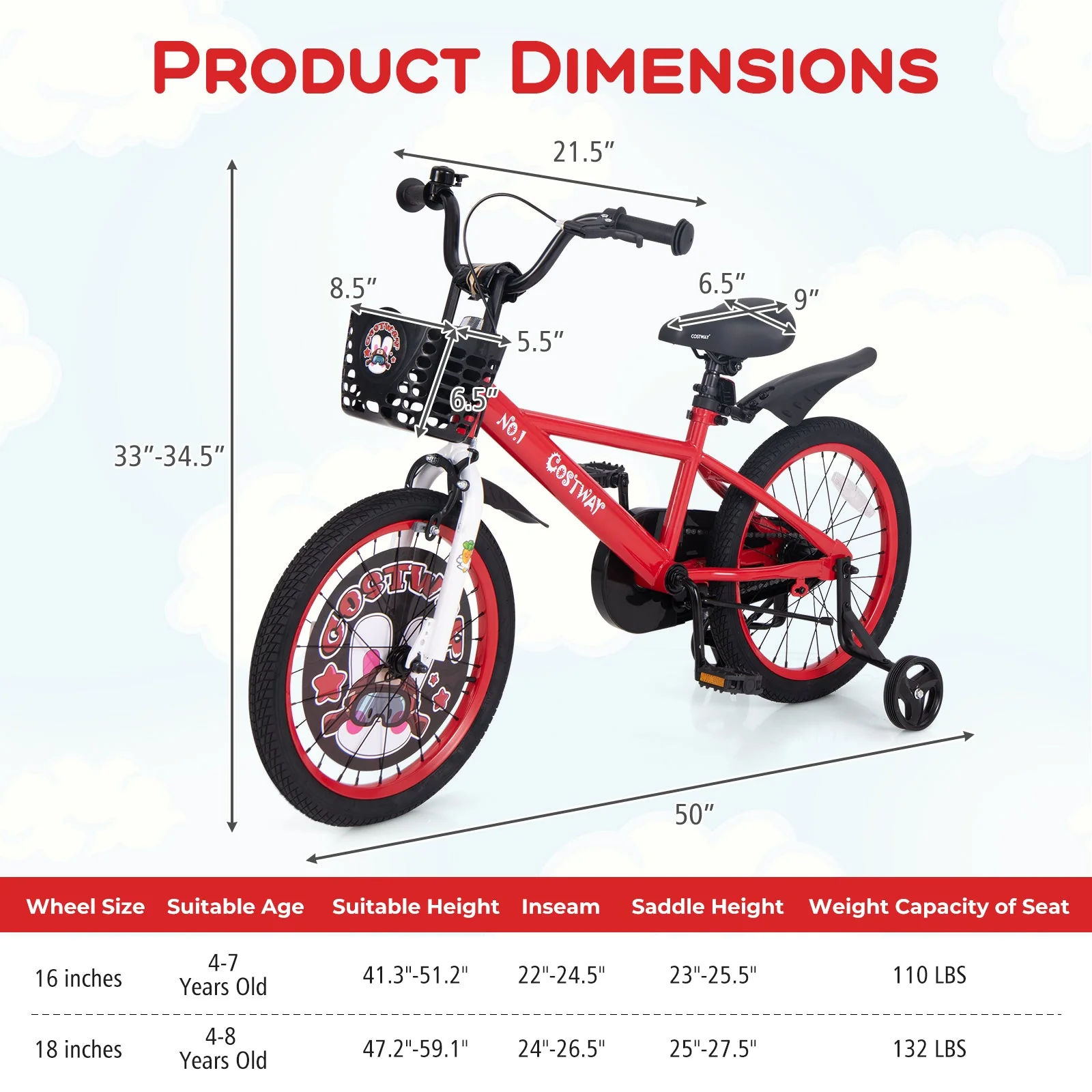 18 Inch Kids Bike Adjustable with Storage Basket and Double Brake for 4-8 Years Old-18 inches - Image 4