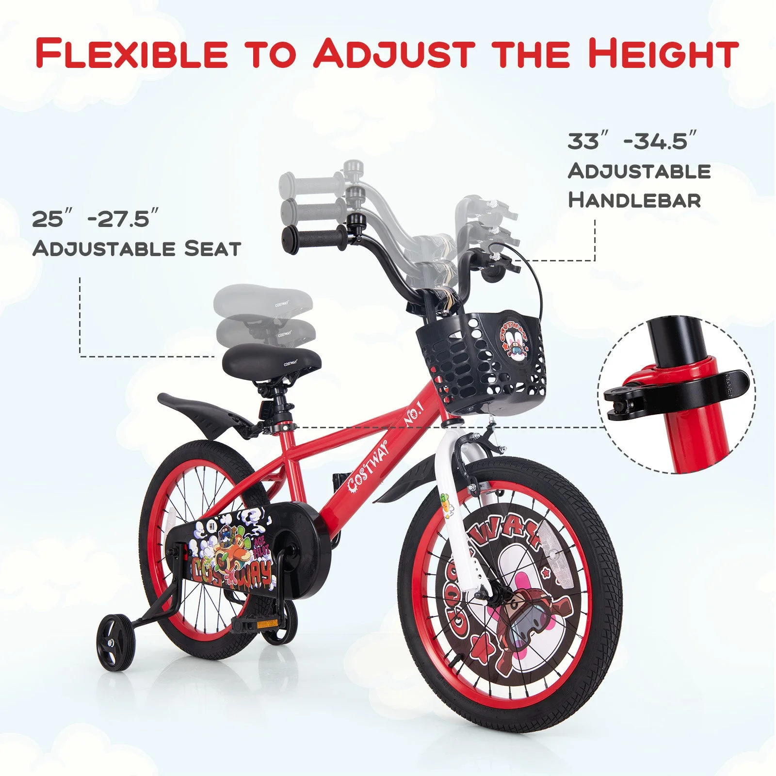 18 Inch Kids Bike Adjustable with Storage Basket and Double Brake for 4-8 Years Old-18 inches - Image 8