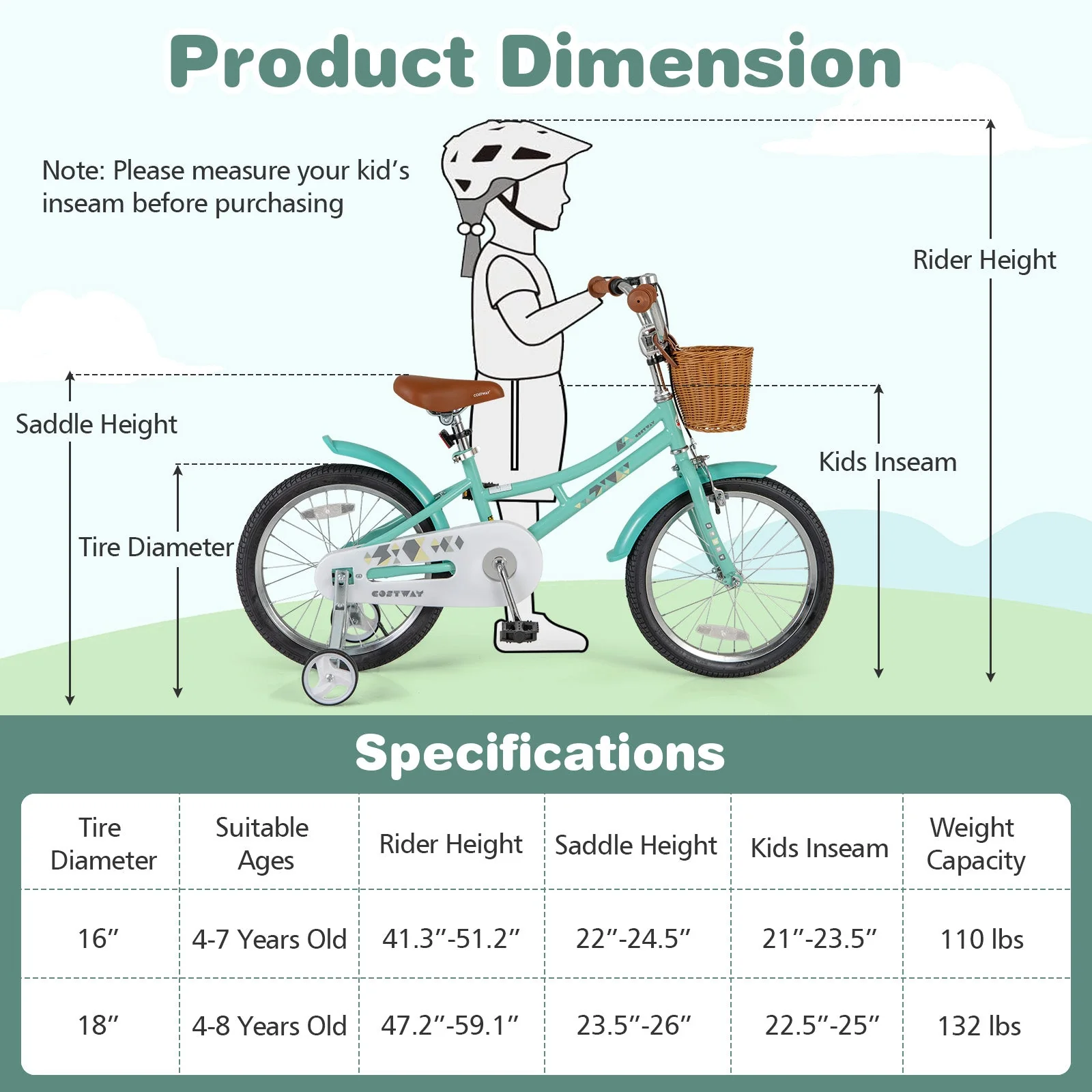 18 Inch Kids Bike Bicycle with Training Wheels and 2 Brake System Ages 4-8 Years Old-18 inches - Image 4