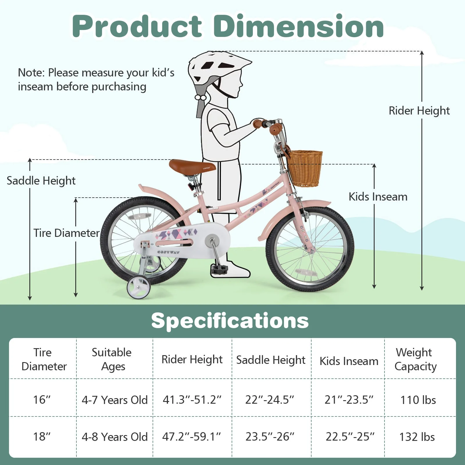 18 Inch Kids Bike Retro Bicycle with Adjustable Height and Basket for Ages 4-8 Years Old-18 inches - Image 4