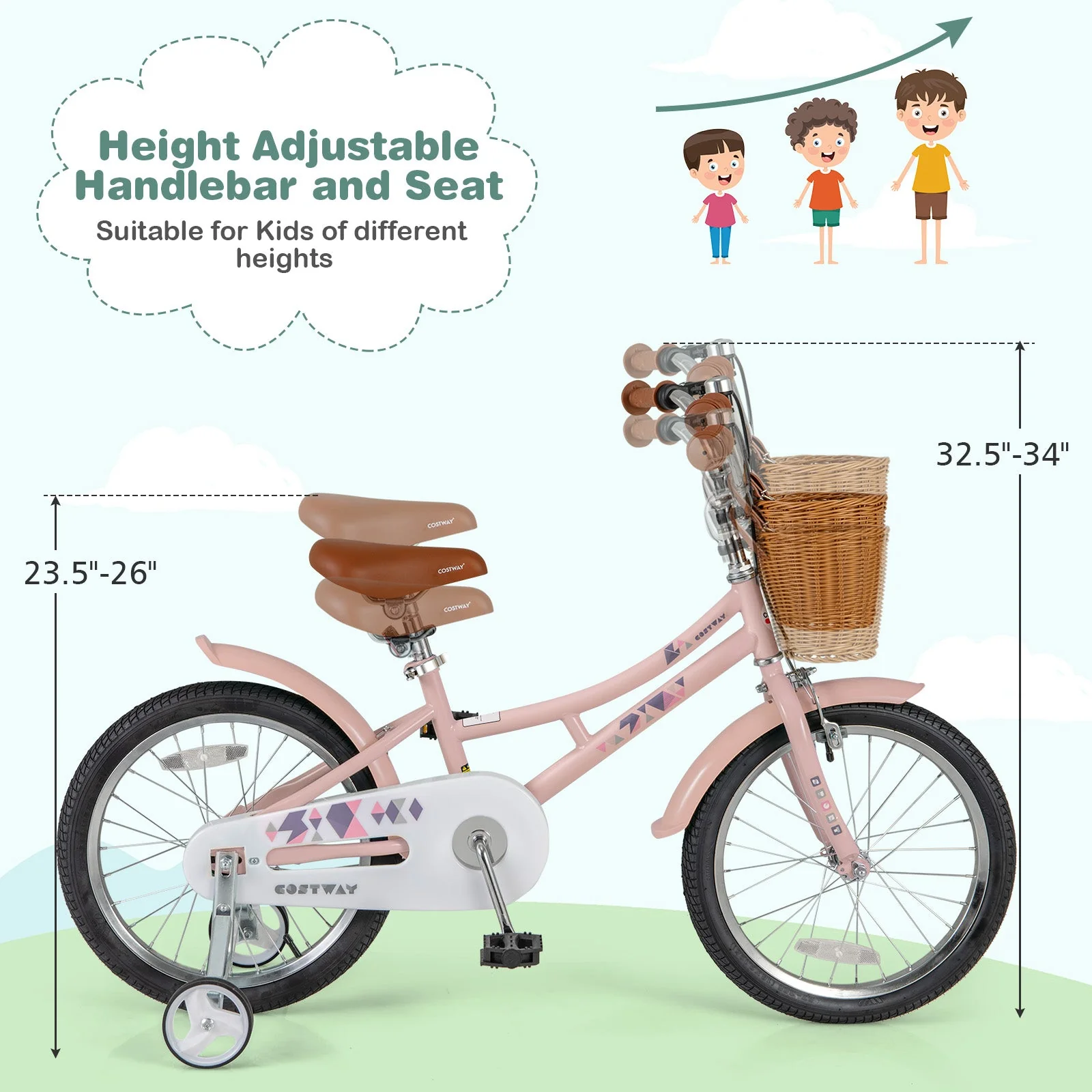 18 Inch Kids Bike Retro Bicycle with Adjustable Height and Basket for Ages 4-8 Years Old-18 inches - Image 5