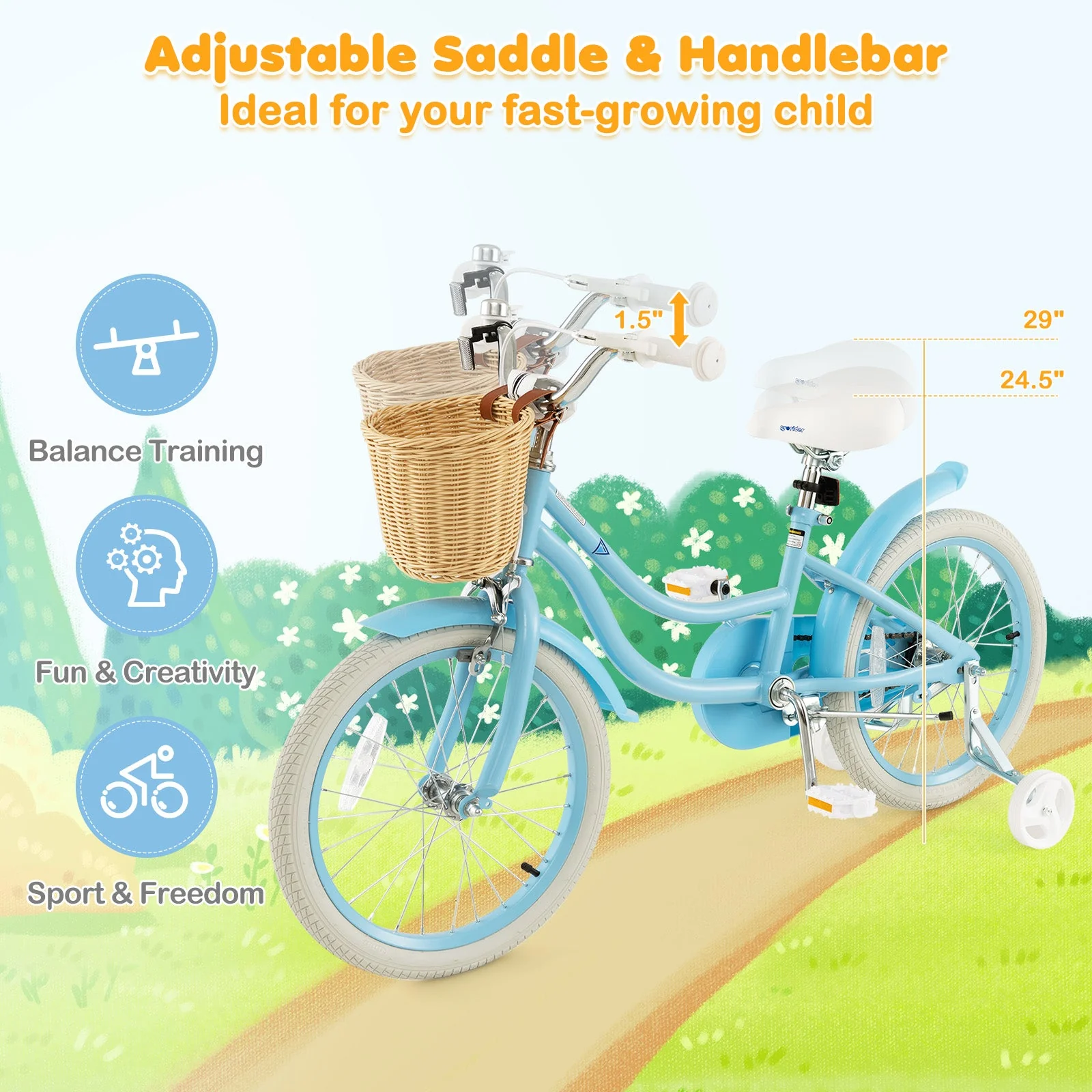 18-Inch Kids Bike with Training Wheels and Adjustable Handlebar Seat-Blue - Image 6