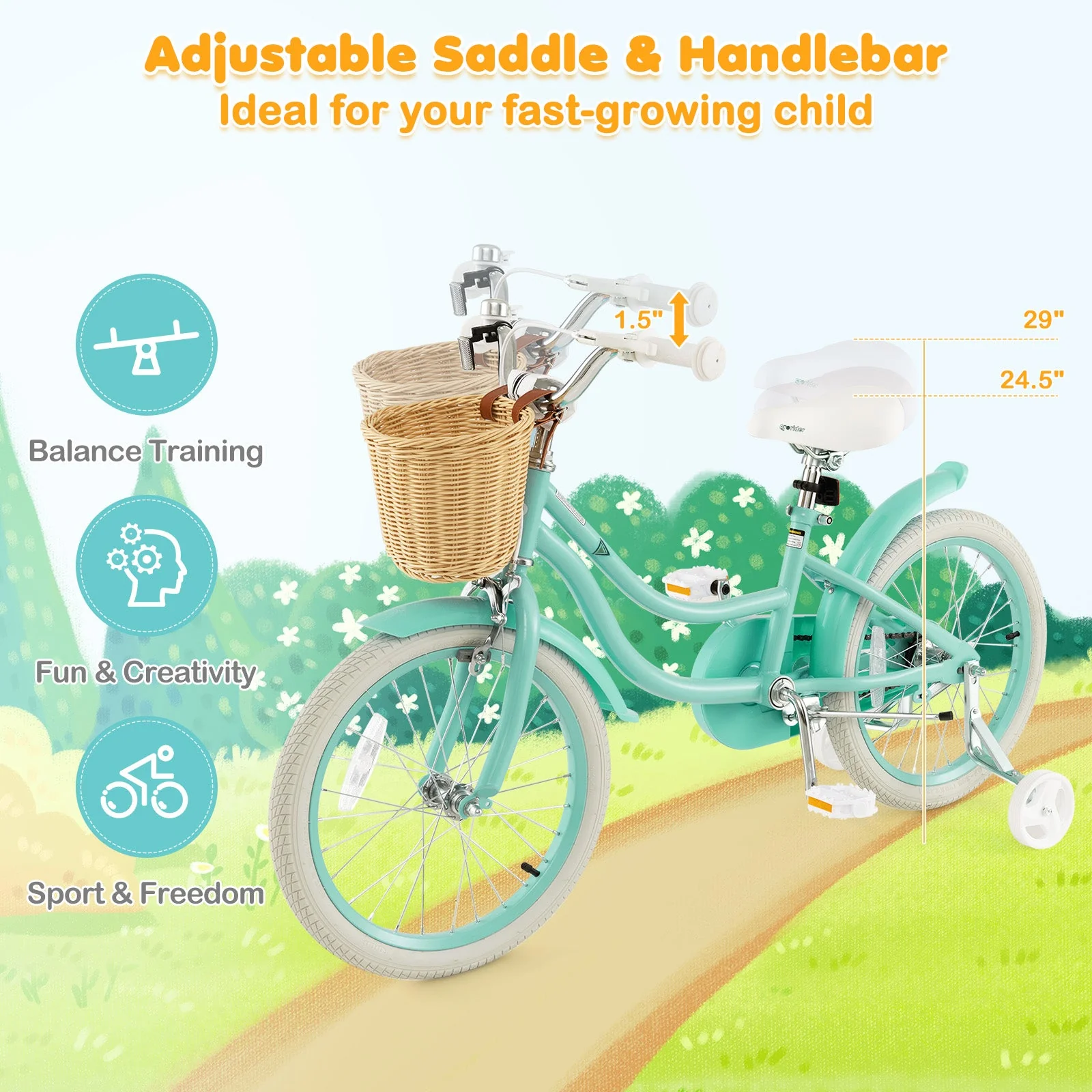 18-Inch Kids Bike with Training Wheels and Adjustable Handlebar Seat-Green - Image 6