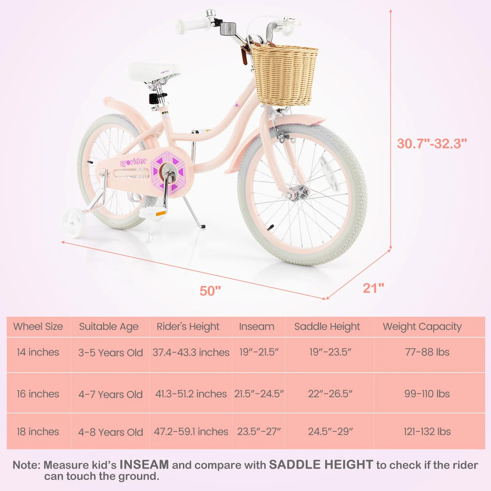 18-Inch Kids Bike with Training Wheels and Adjustable Handlebar Seat-Pink - Image 5