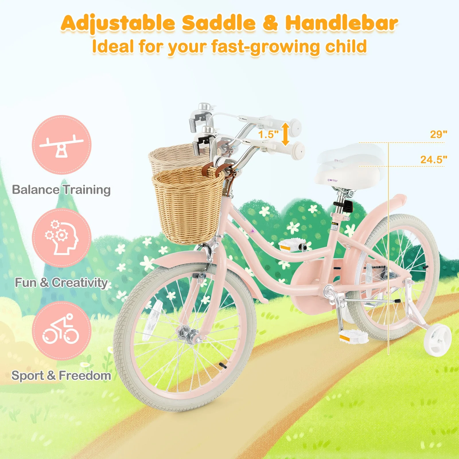 18-Inch Kids Bike with Training Wheels and Adjustable Handlebar Seat-Pink - Image 6
