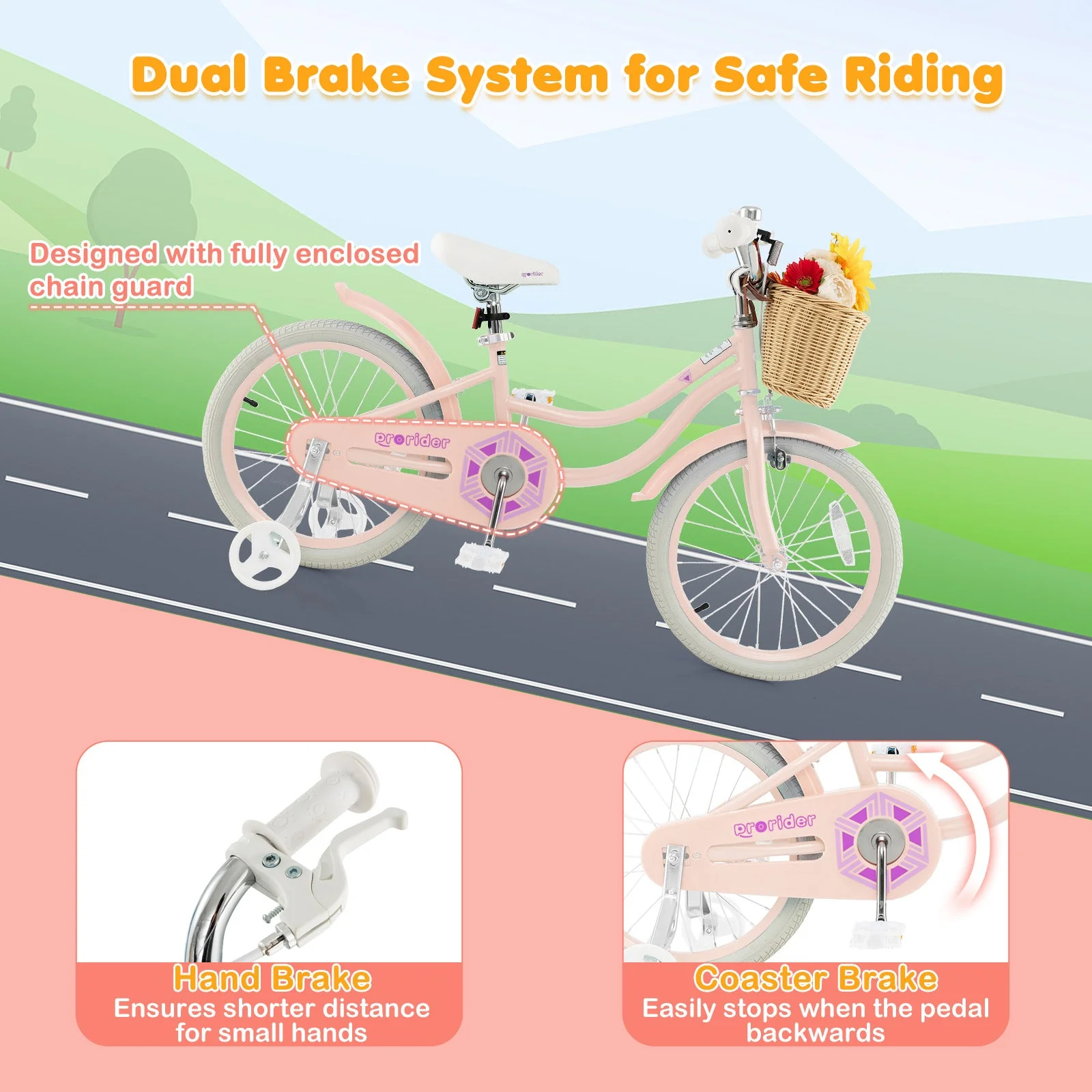 18-Inch Kids Bike with Training Wheels and Adjustable Handlebar Seat-Pink - Image 7