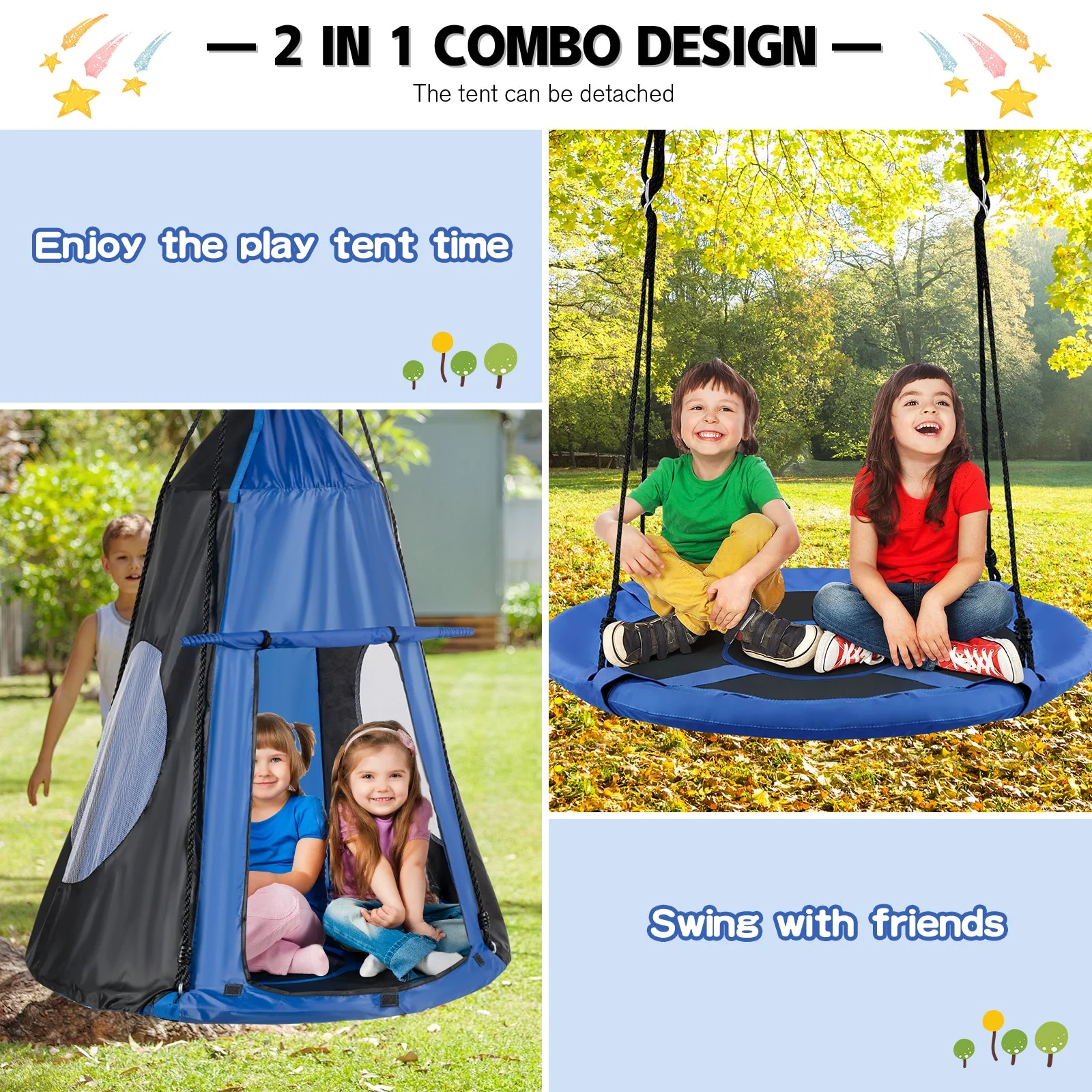 2-in-1 40 Inch Kids Hanging Chair Detachable Swing Tent Set-Blue - Image 5