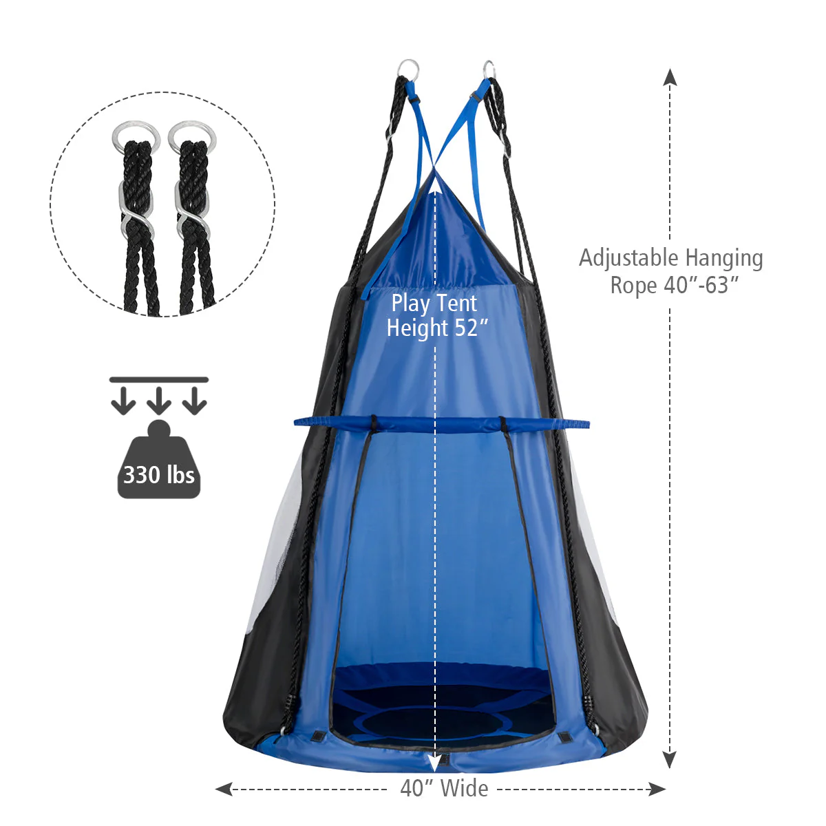 2-in-1 40 Inch Kids Hanging Chair Detachable Swing Tent Set-Blue - Image 6