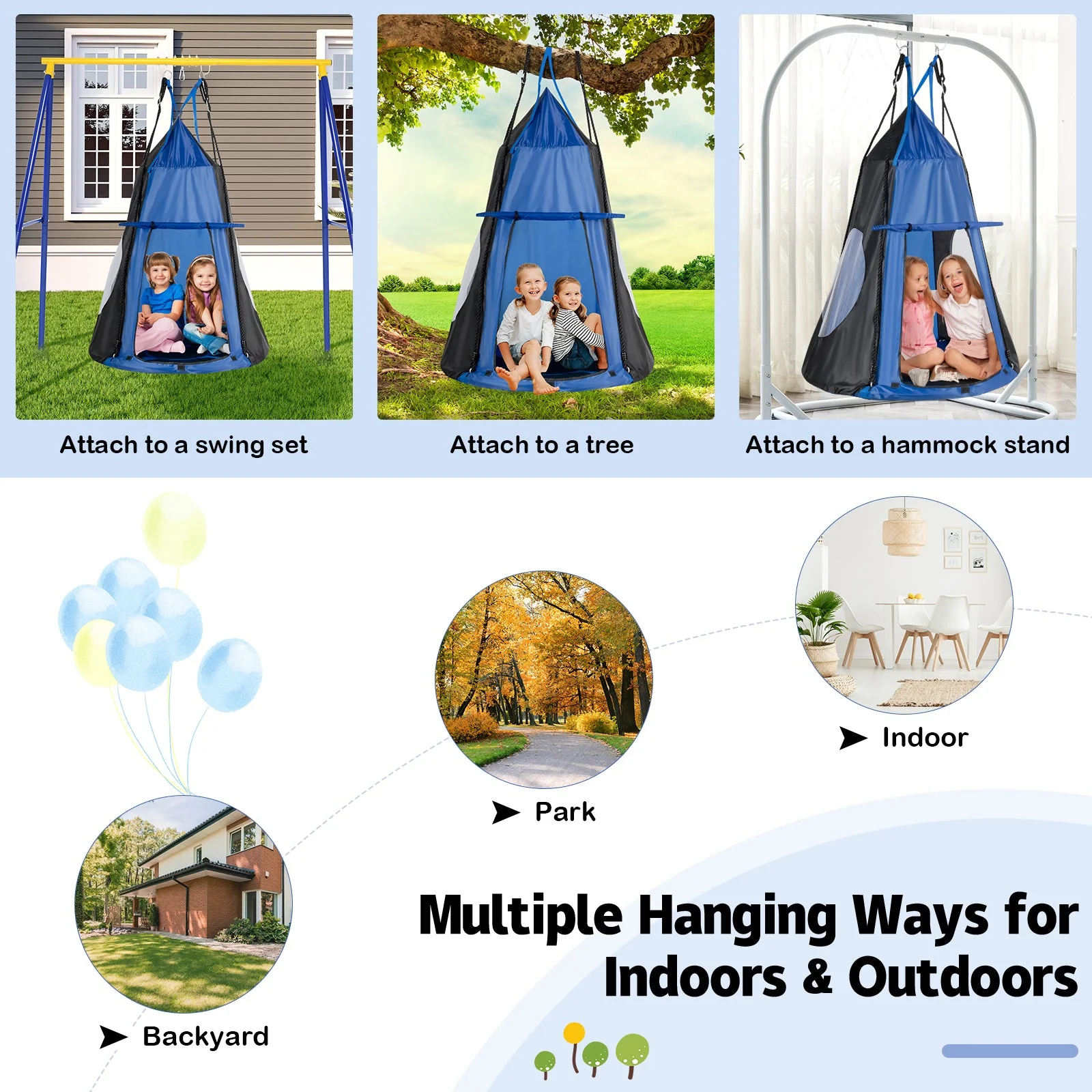 2-in-1 40 Inch Kids Hanging Chair Detachable Swing Tent Set-Blue - Image 7