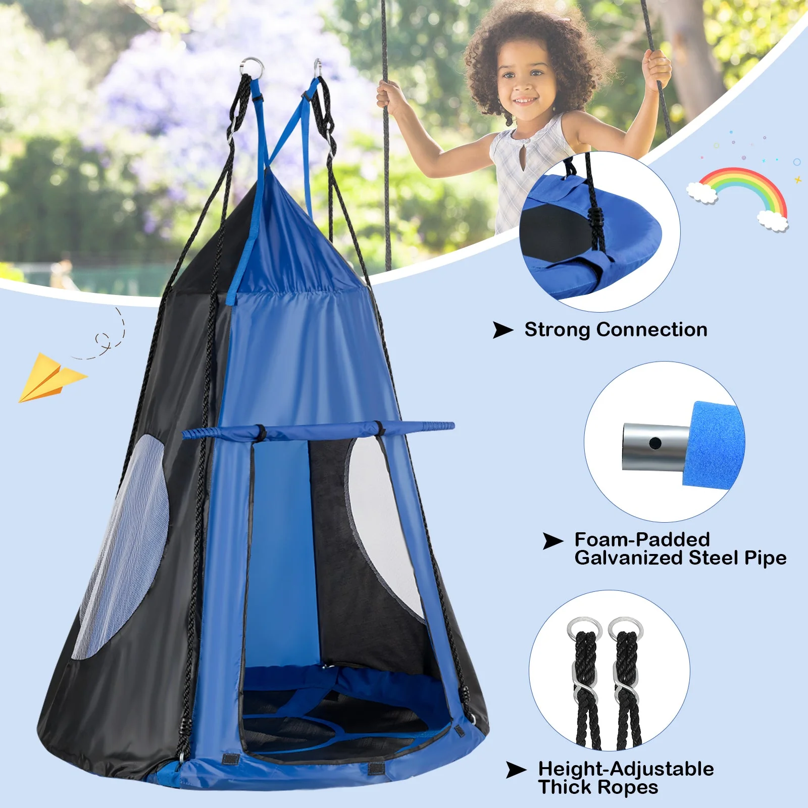 2-in-1 40 Inch Kids Hanging Chair Detachable Swing Tent Set-Blue - Image 8