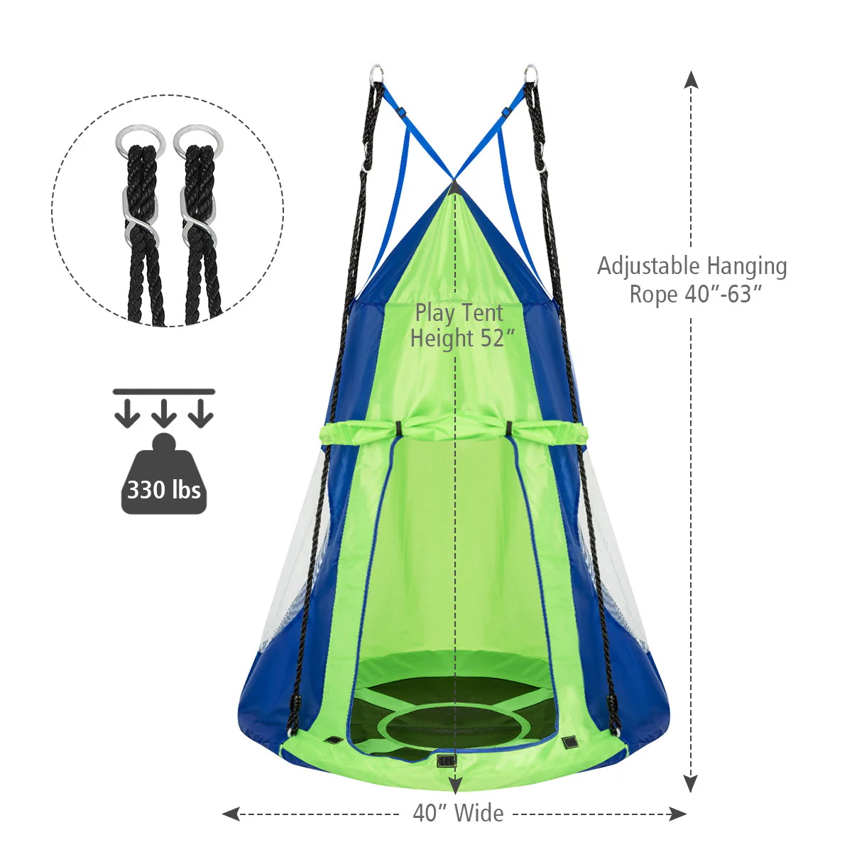 2-in-1 40 Inch Kids Hanging Chair Detachable Swing Tent Set-Green - Image 5