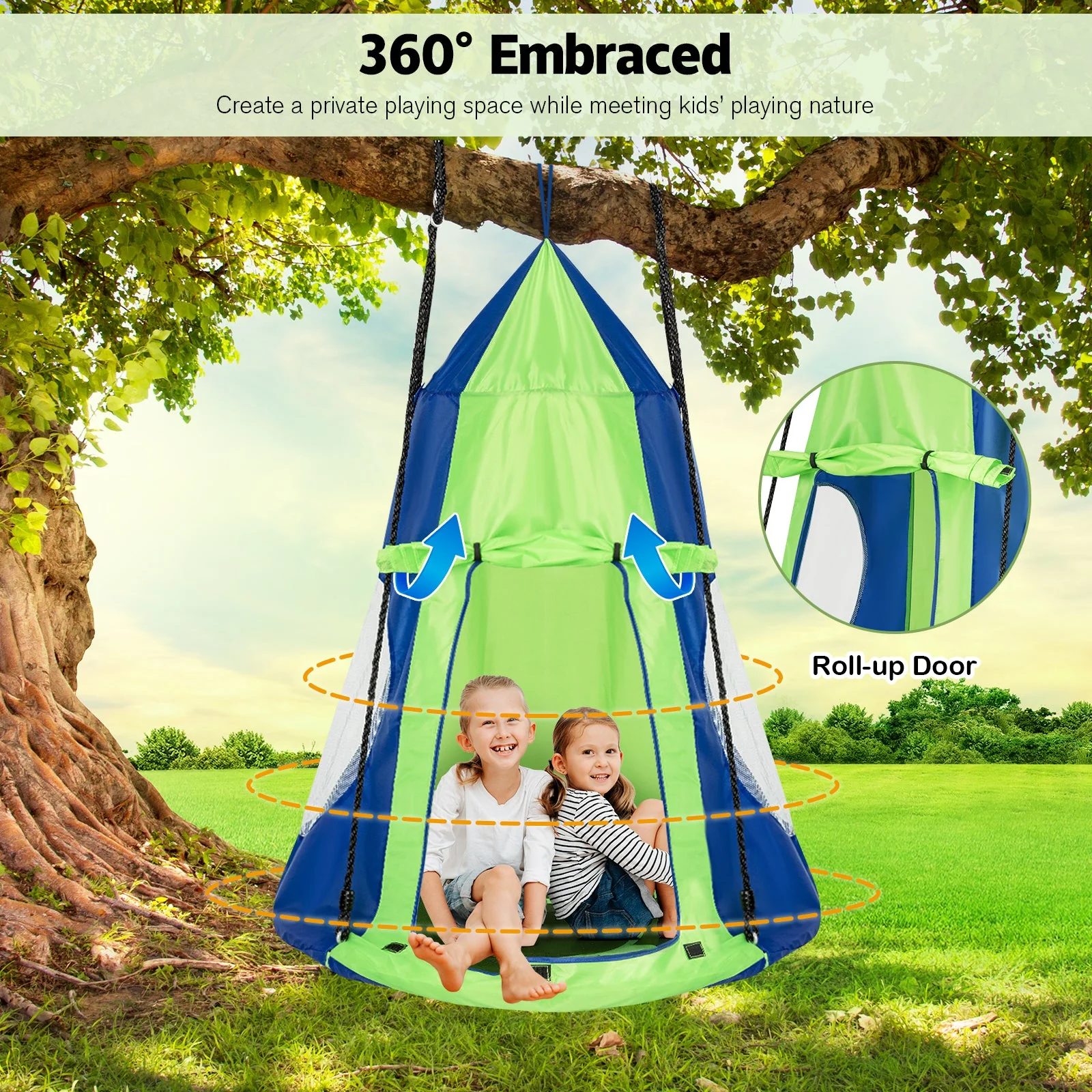 2-in-1 40 Inch Kids Hanging Chair Detachable Swing Tent Set-Green - Image 8