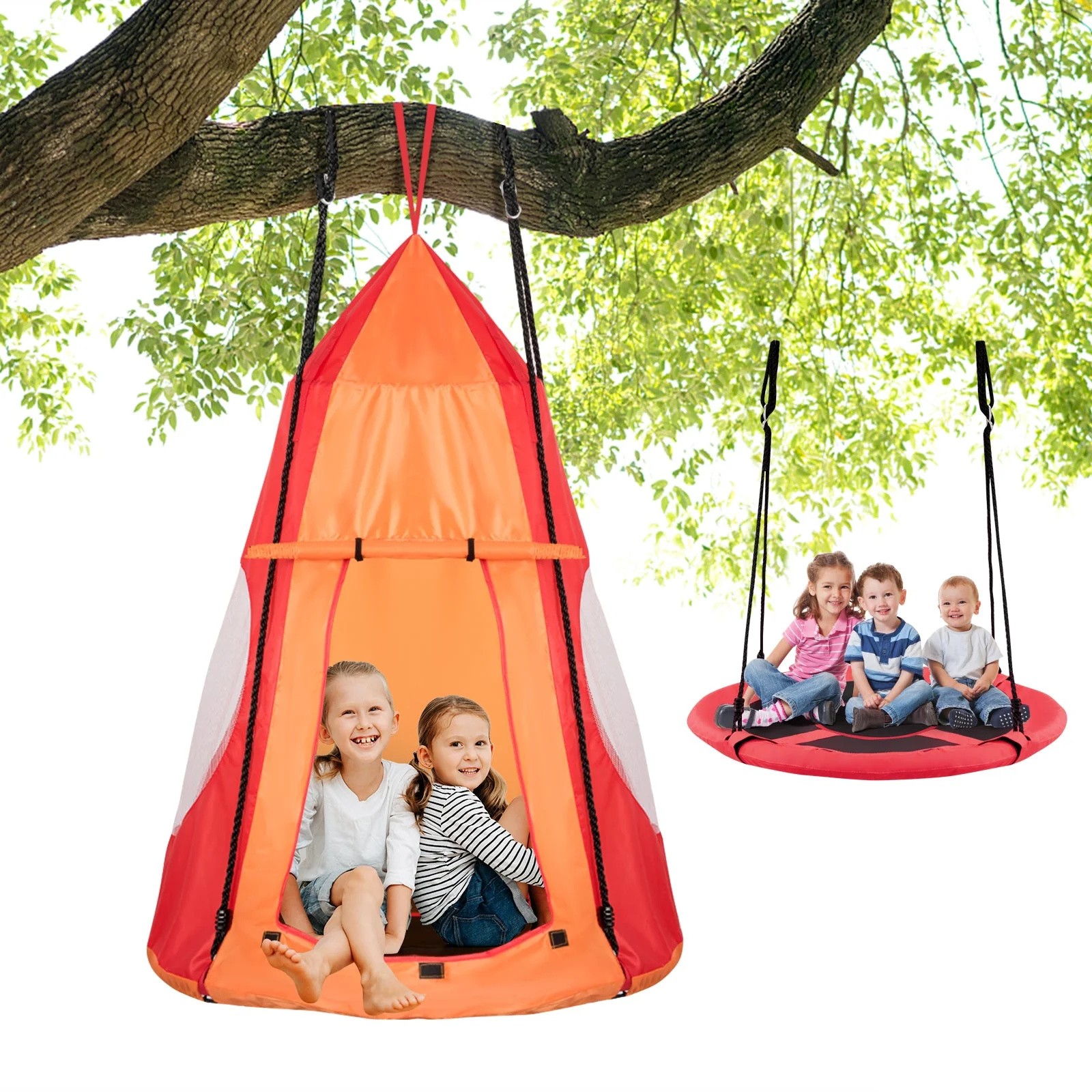 2-in-1 40 Inch Kids Hanging Chair Detachable Swing Tent Set-Orange - Image 2