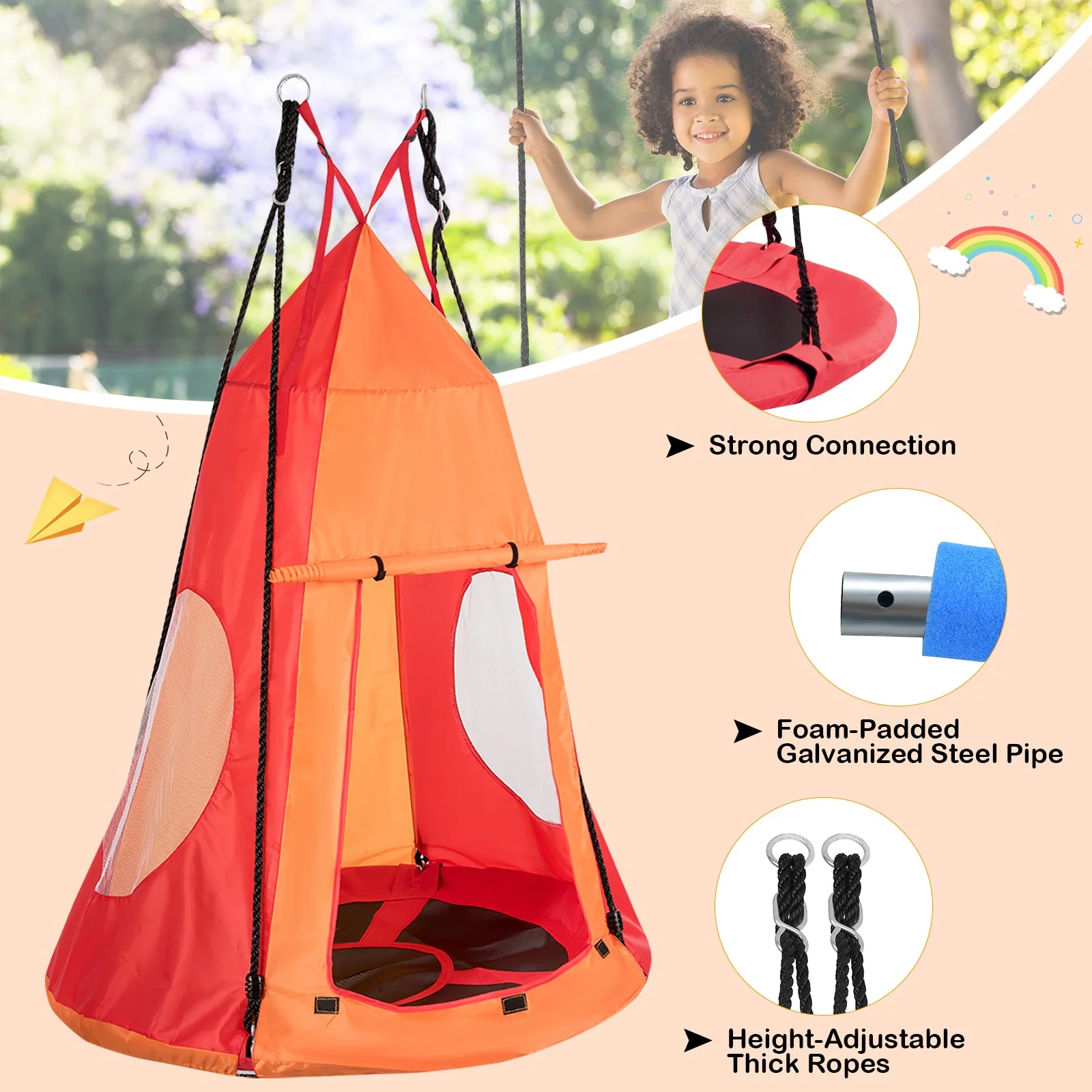 2-in-1 40 Inch Kids Hanging Chair Detachable Swing Tent Set-Orange - Image 4