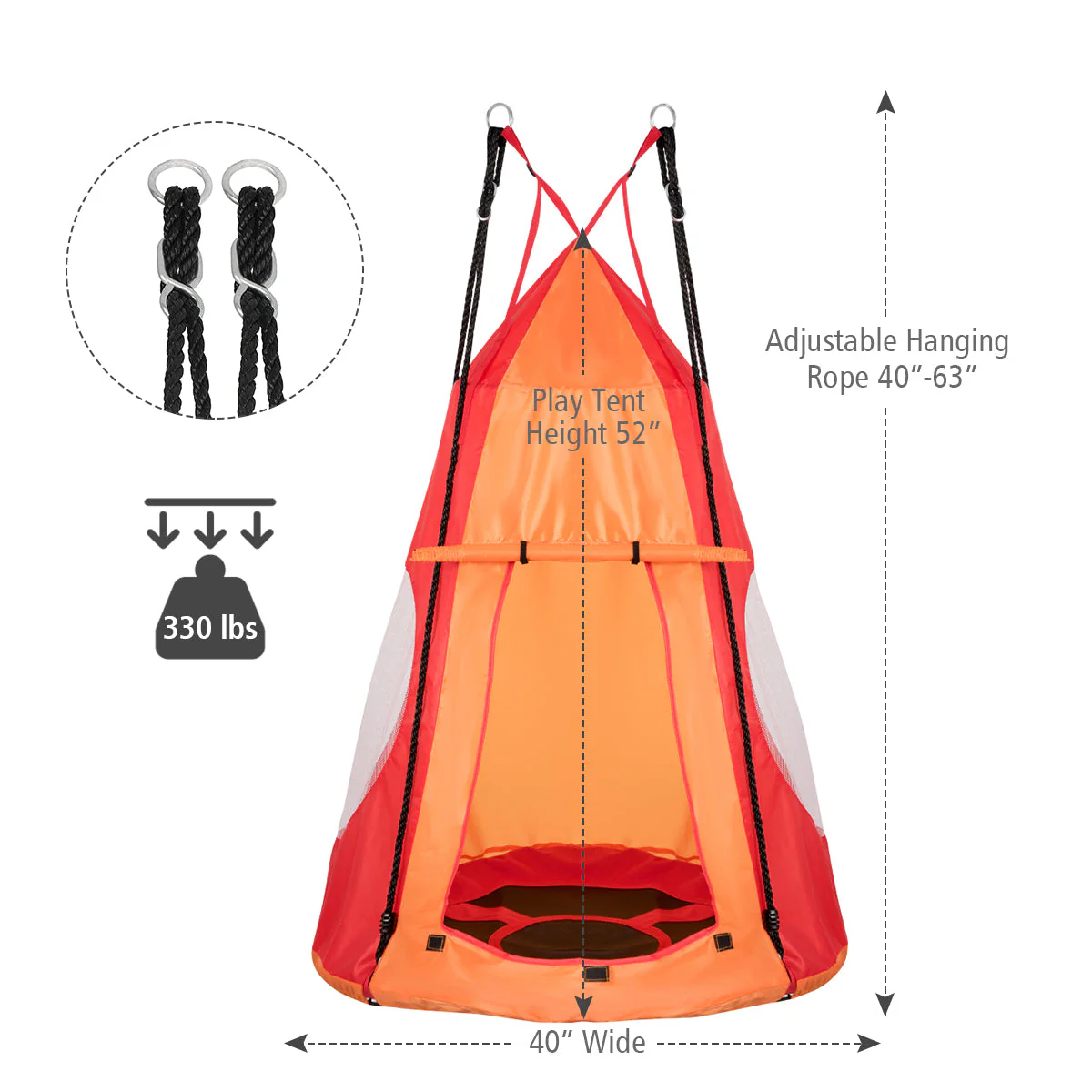 2-in-1 40 Inch Kids Hanging Chair Detachable Swing Tent Set-Orange - Image 6