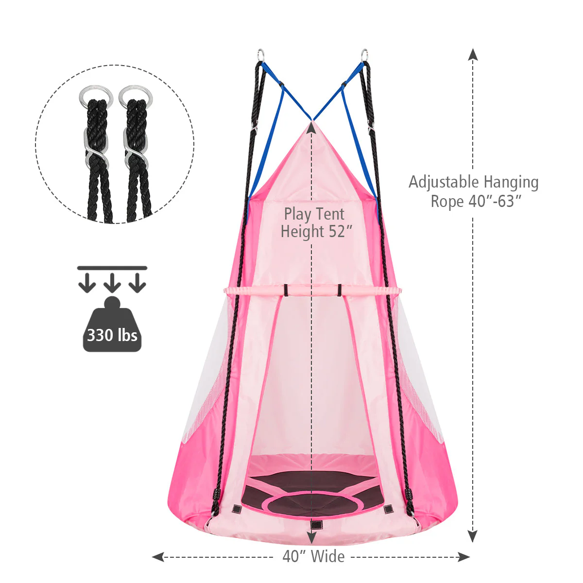 2-in-1 40 Inch Kids Hanging Chair Detachable Swing Tent Set-Pink - Image 5