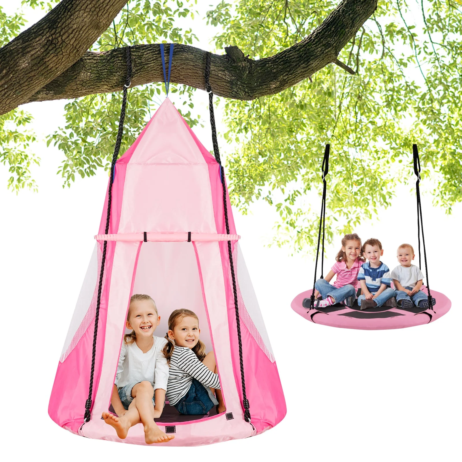2-in-1 40 Inch Kids Hanging Chair Detachable Swing Tent Set-Pink - Image 6