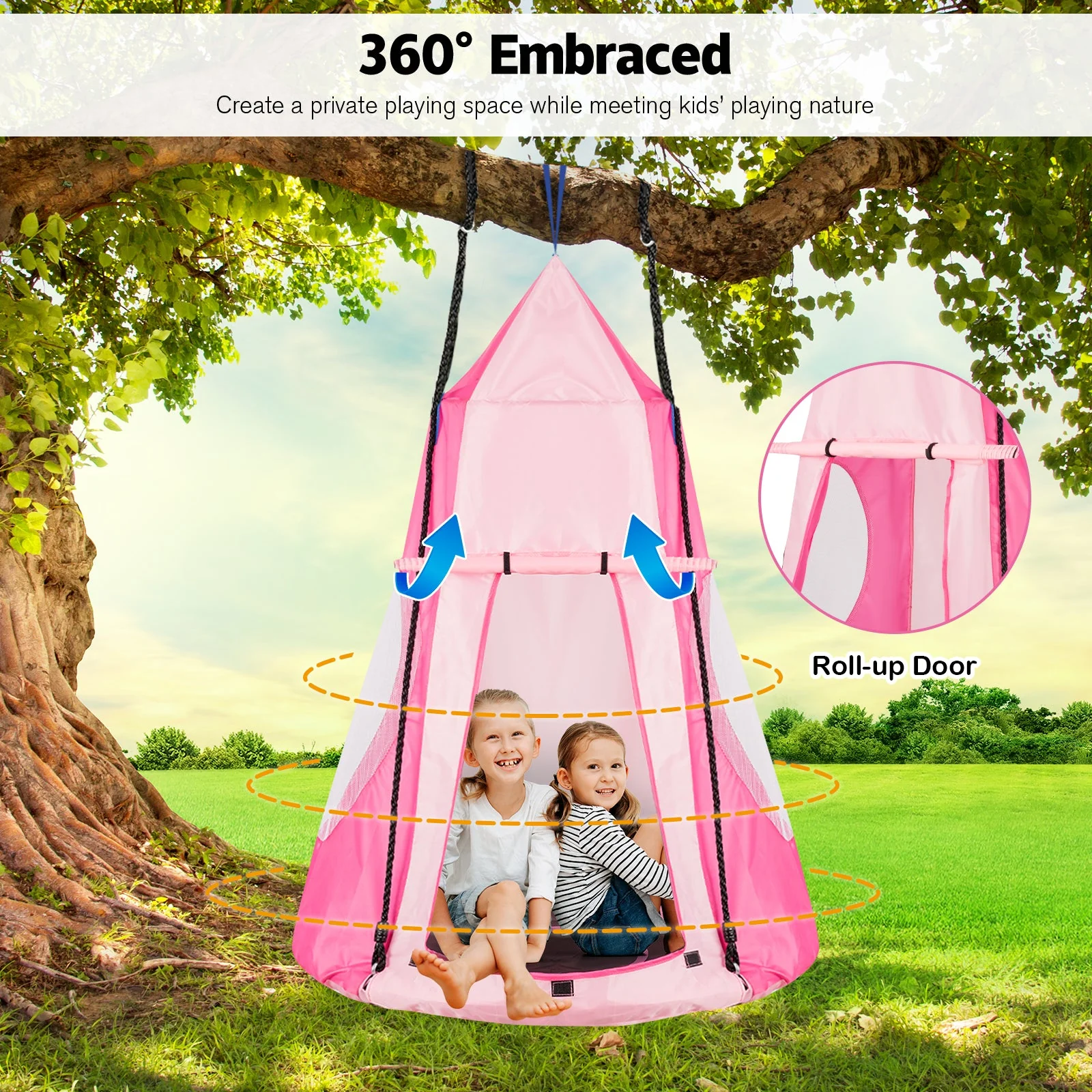 2-in-1 40 Inch Kids Hanging Chair Detachable Swing Tent Set-Pink - Image 7