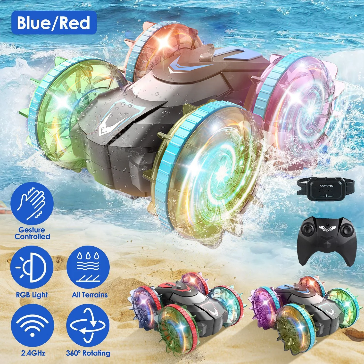 2 In 1 Amphibious RC Car Waterproof Stunt Car with Wrist Controller 4WD 360° Rotating Gesture Car with RGB Lights for Kids Aged 6+ Years Old Double-si - Image 6