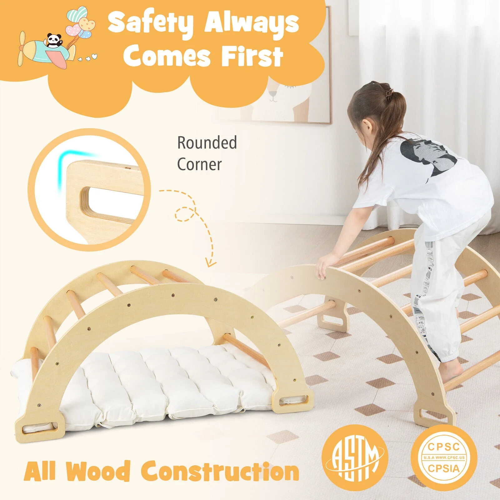 2-in-1 Arch Rocker with Soft Cushion for Toddlers-Natural - Image 6