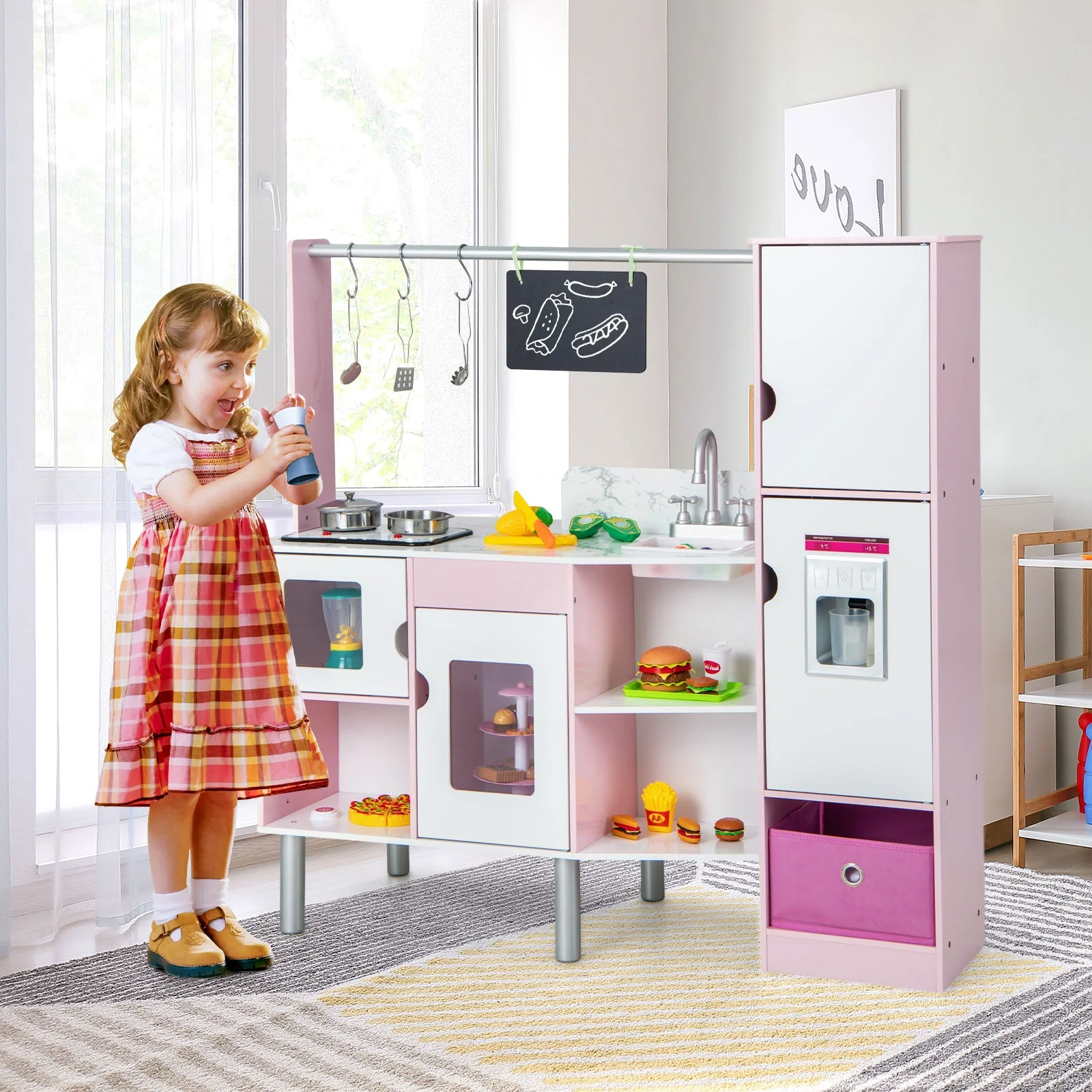 2-in-1 Double-sided Kids Kitchen and Market with Realistic Light and Sound-Pink - Image 2