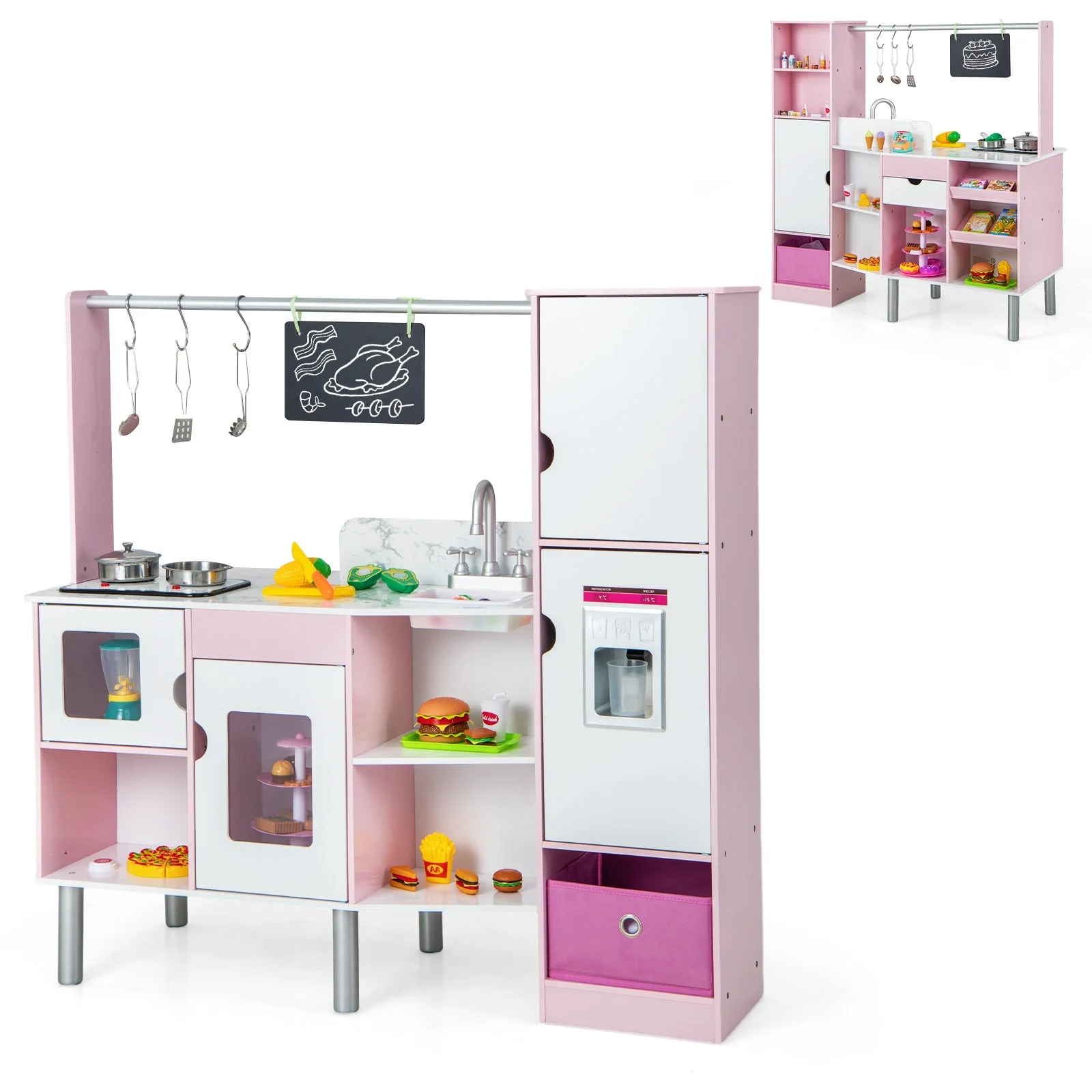 2-in-1 Double-sided Kids Kitchen and Market with Realistic Light and Sound-Pink - Image 3