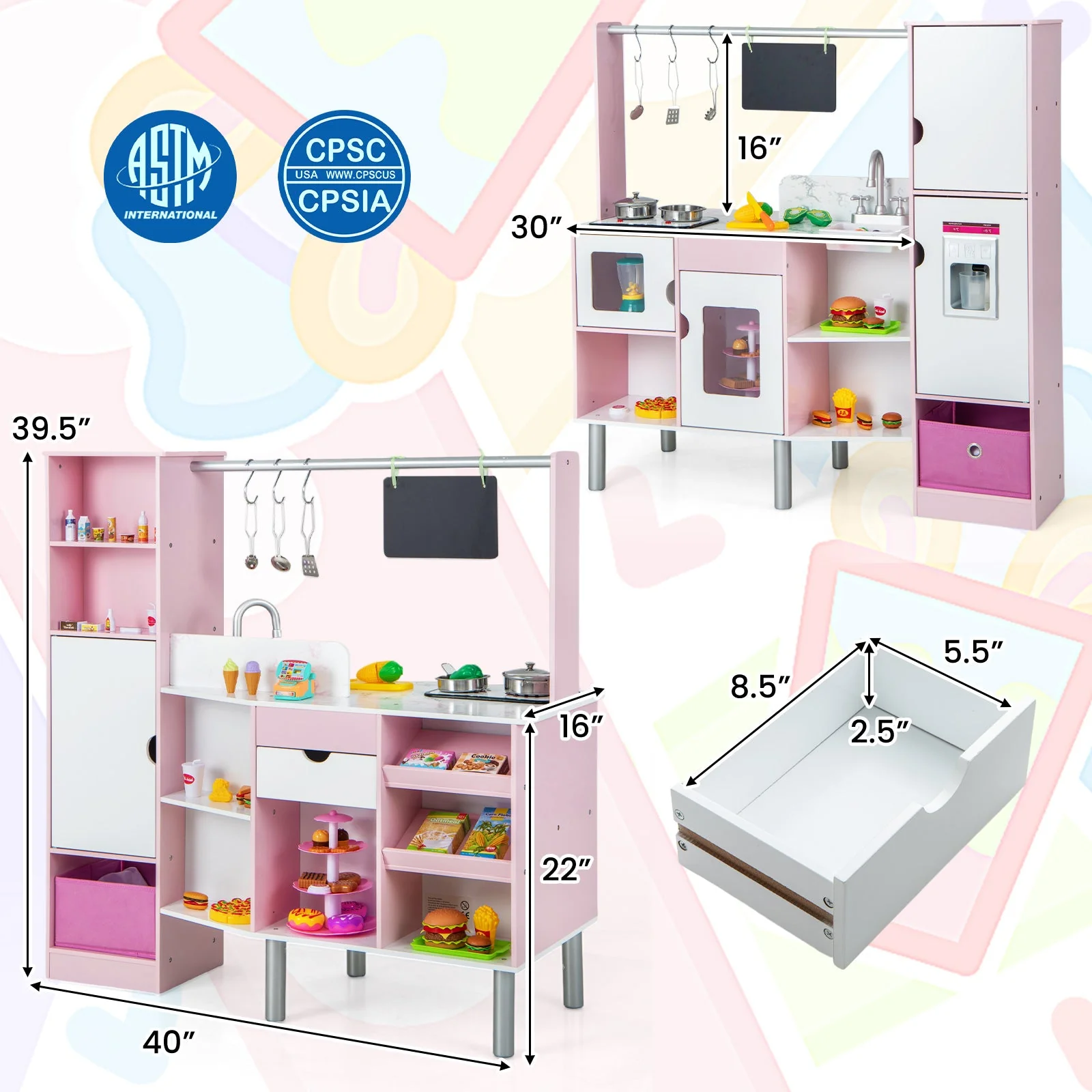 2-in-1 Double-sided Kids Kitchen and Market with Realistic Light and Sound-Pink - Image 4