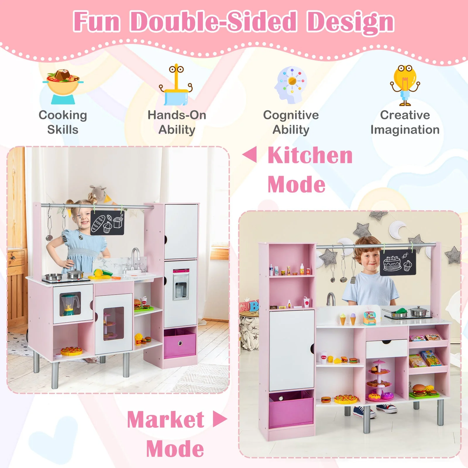 2-in-1 Double-sided Kids Kitchen and Market with Realistic Light and Sound-Pink - Image 5