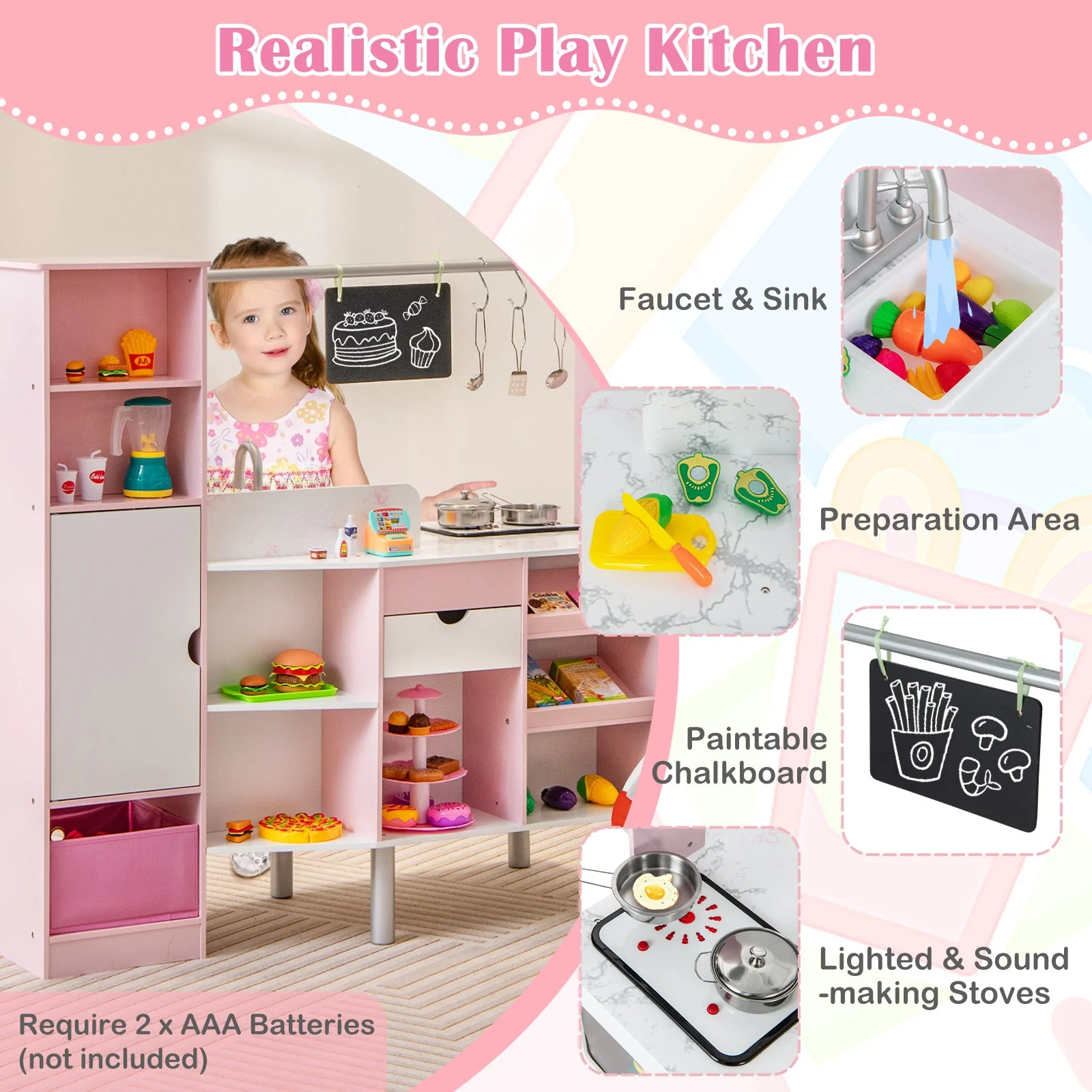 2-in-1 Double-sided Kids Kitchen and Market with Realistic Light and Sound-Pink - Image 6