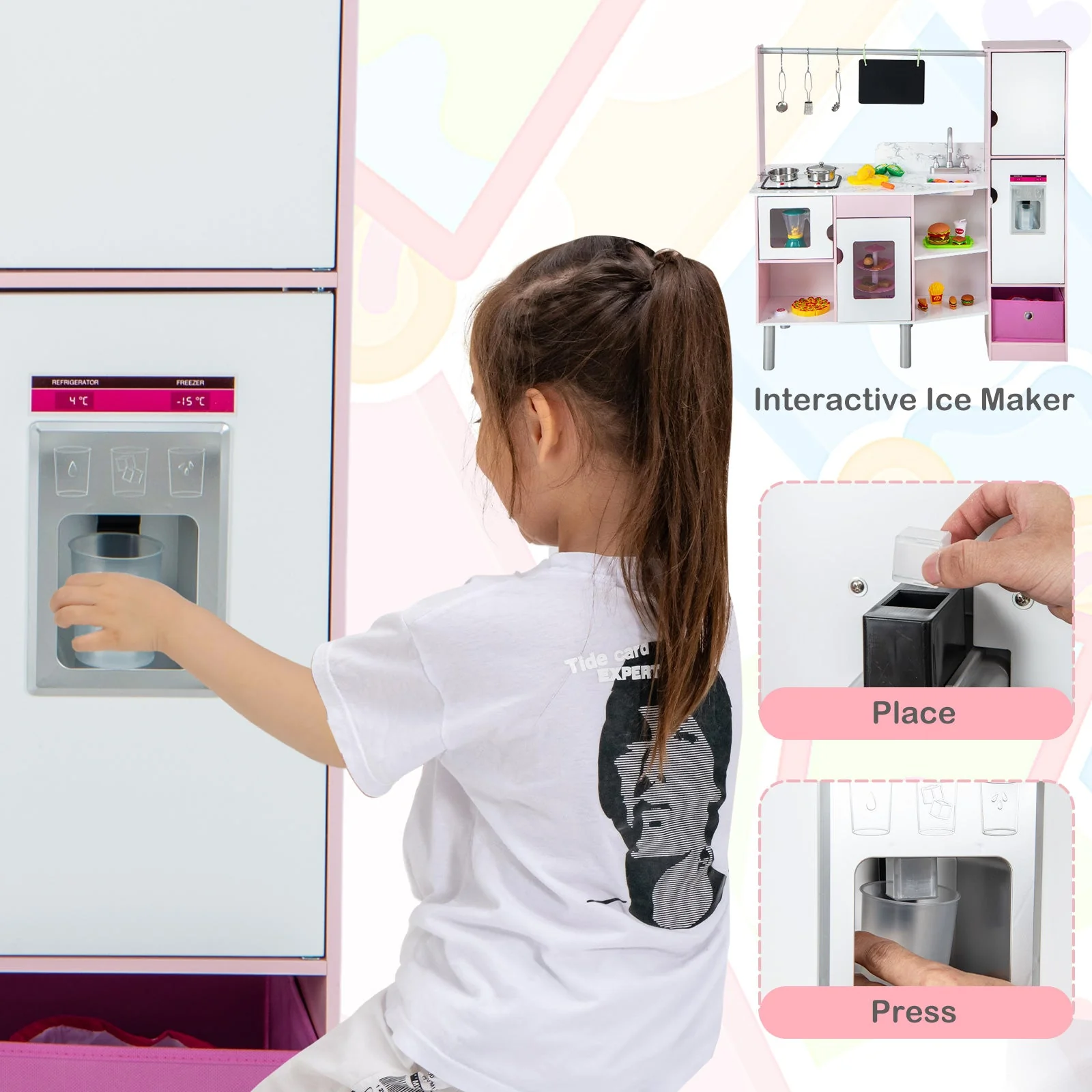2-in-1 Double-sided Kids Kitchen and Market with Realistic Light and Sound-Pink - Image 7