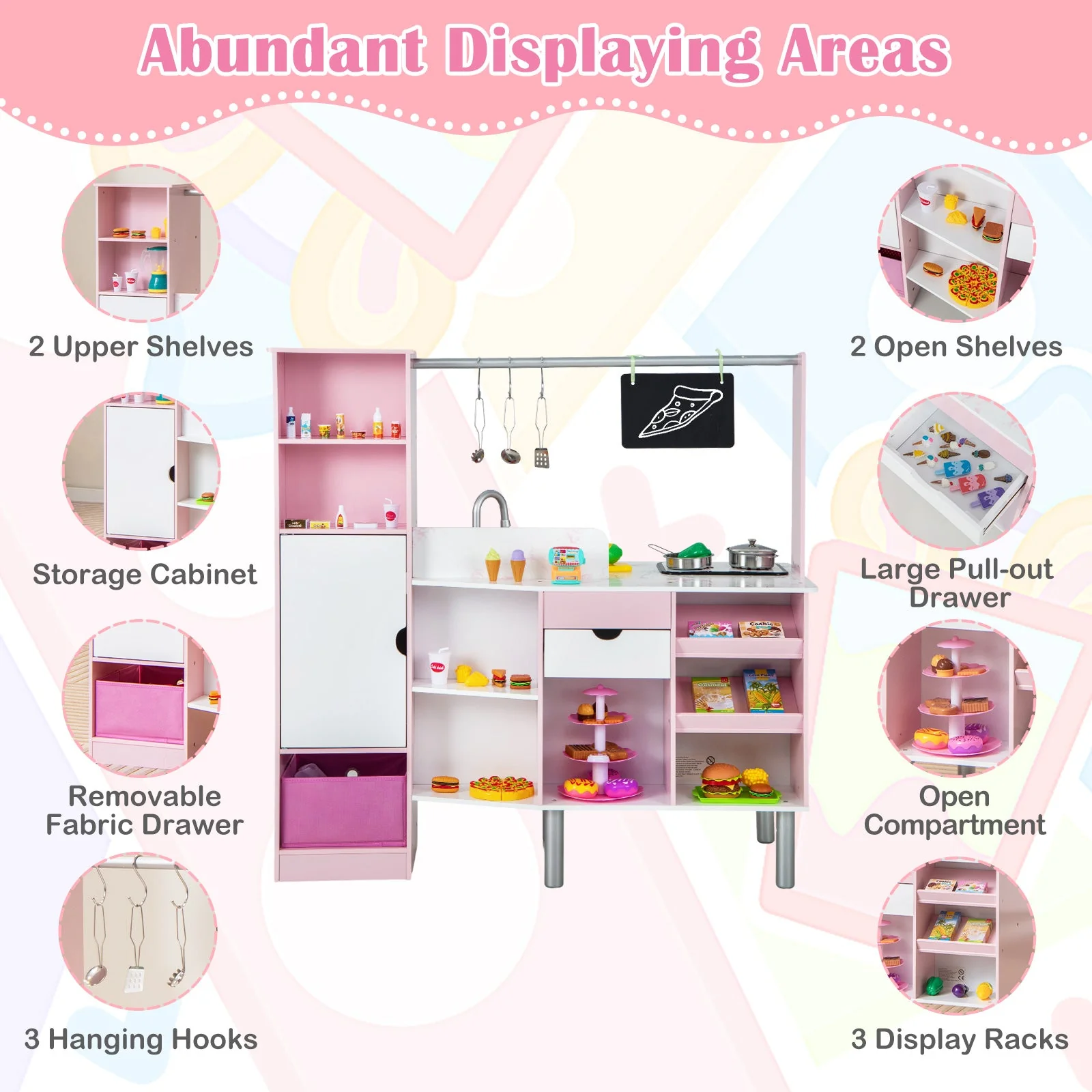 2-in-1 Double-sided Kids Kitchen and Market with Realistic Light and Sound-Pink - Image 8