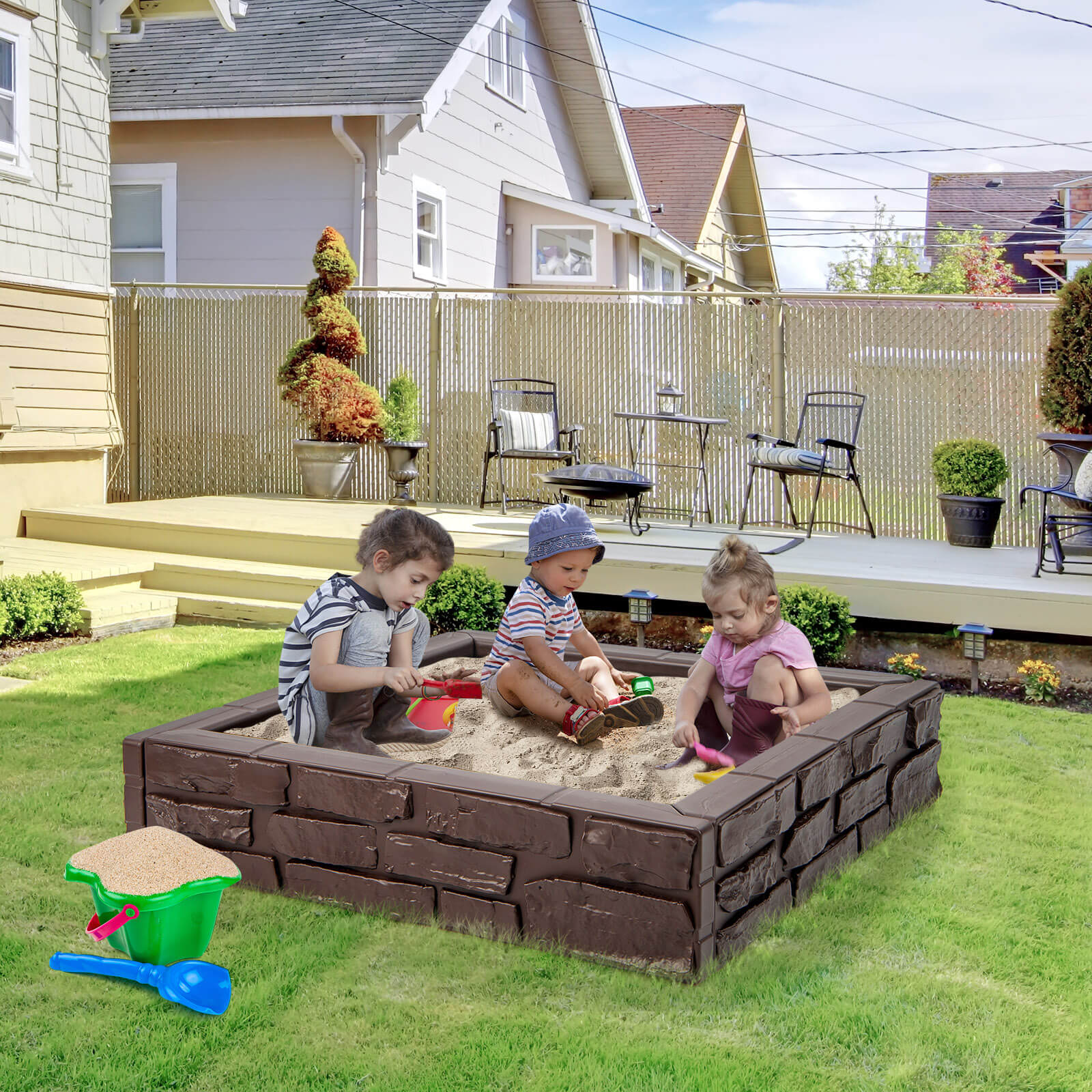 2-In-1 HDPE Kids Sandbox with Cover and Bottom Liner-Brown - Image 2