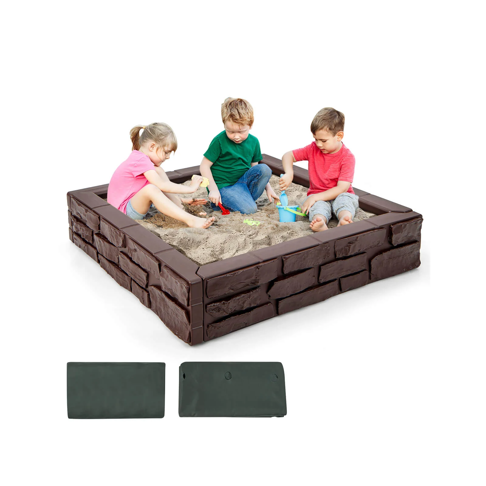 2-In-1 HDPE Kids Sandbox with Cover and Bottom Liner-Brown - Image 4