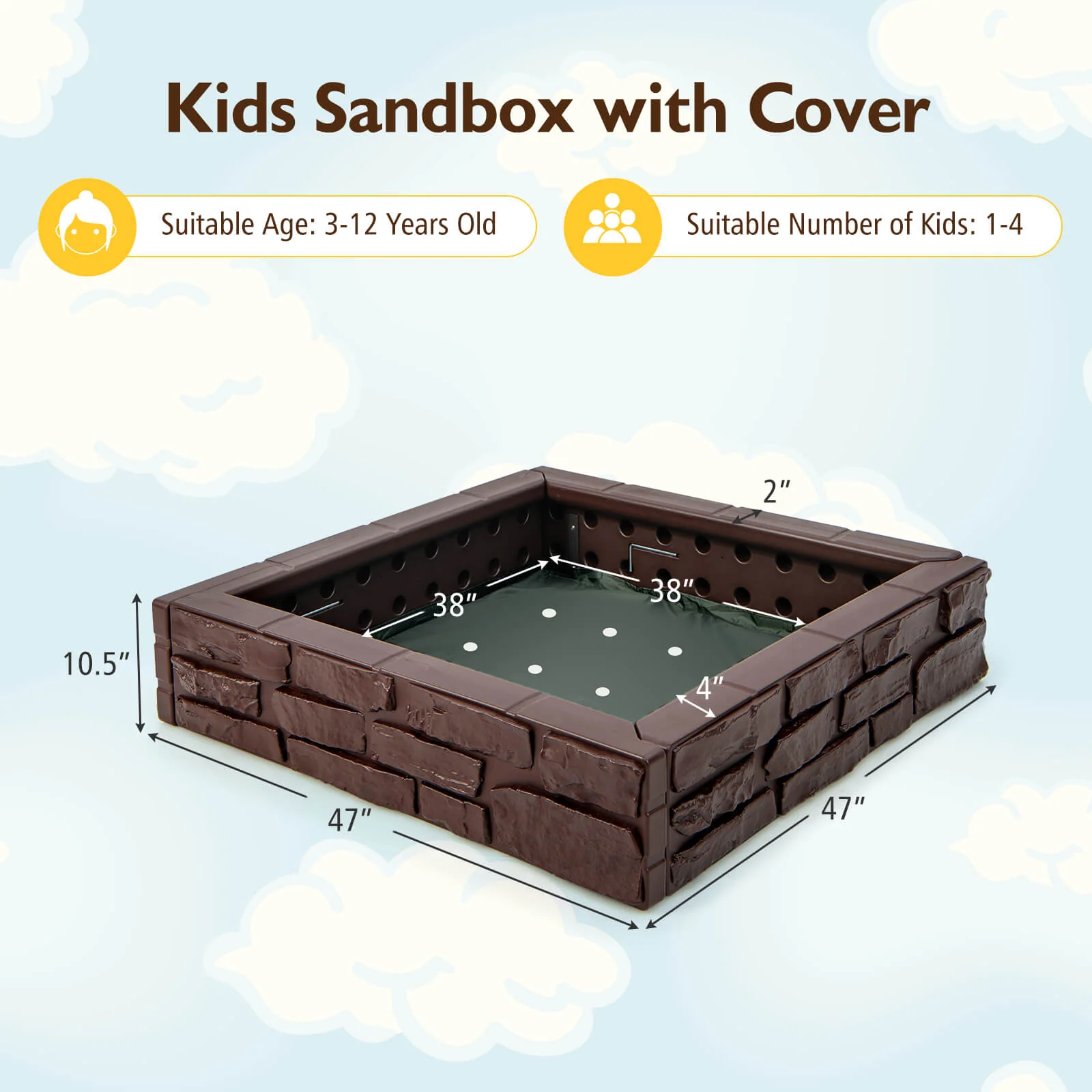 2-In-1 HDPE Kids Sandbox with Cover and Bottom Liner-Brown - Image 5