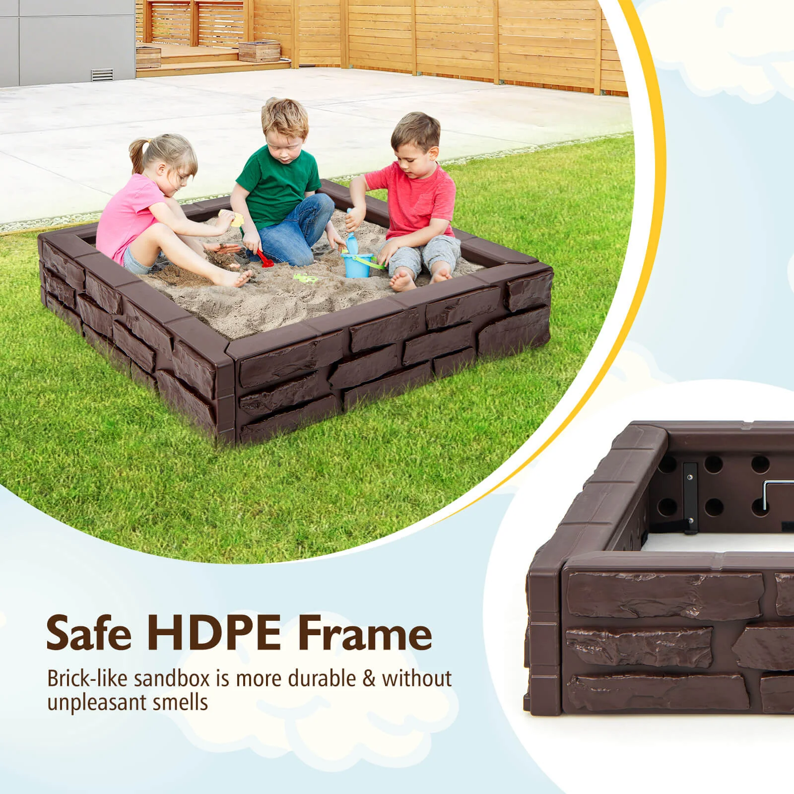 2-In-1 HDPE Kids Sandbox with Cover and Bottom Liner-Brown - Image 6