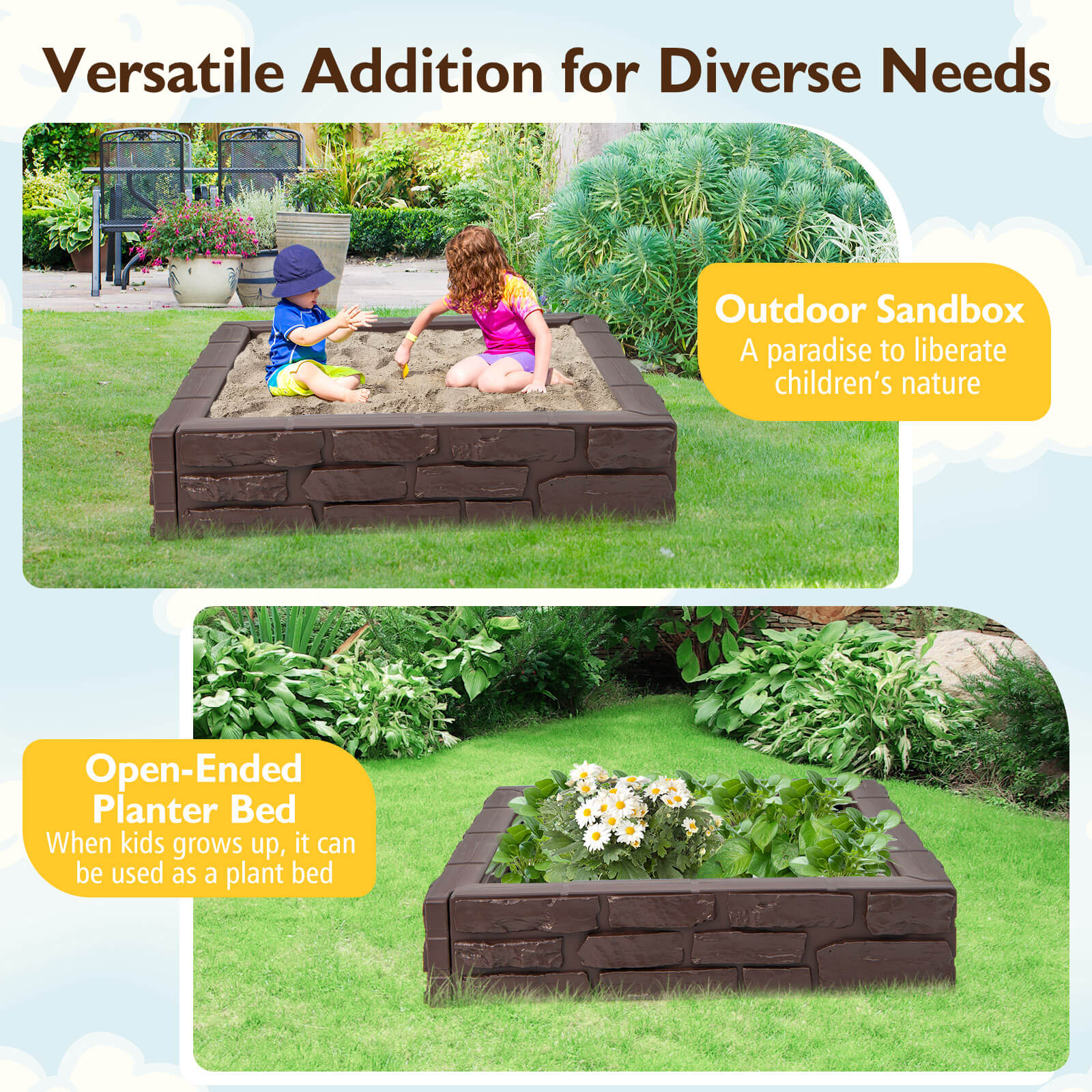 2-In-1 HDPE Kids Sandbox with Cover and Bottom Liner-Brown - Image 7