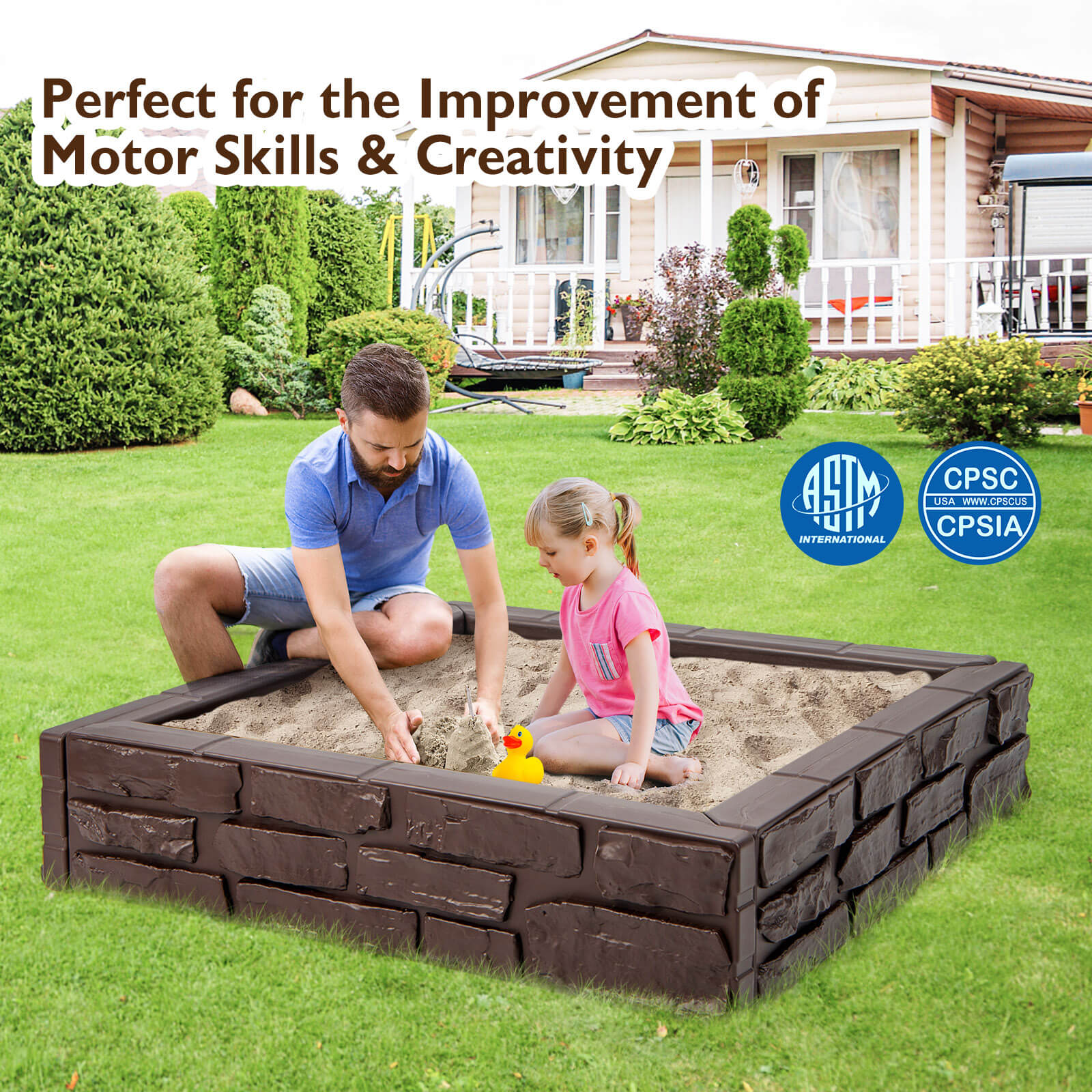 2-In-1 HDPE Kids Sandbox with Cover and Bottom Liner-Brown - Image 8
