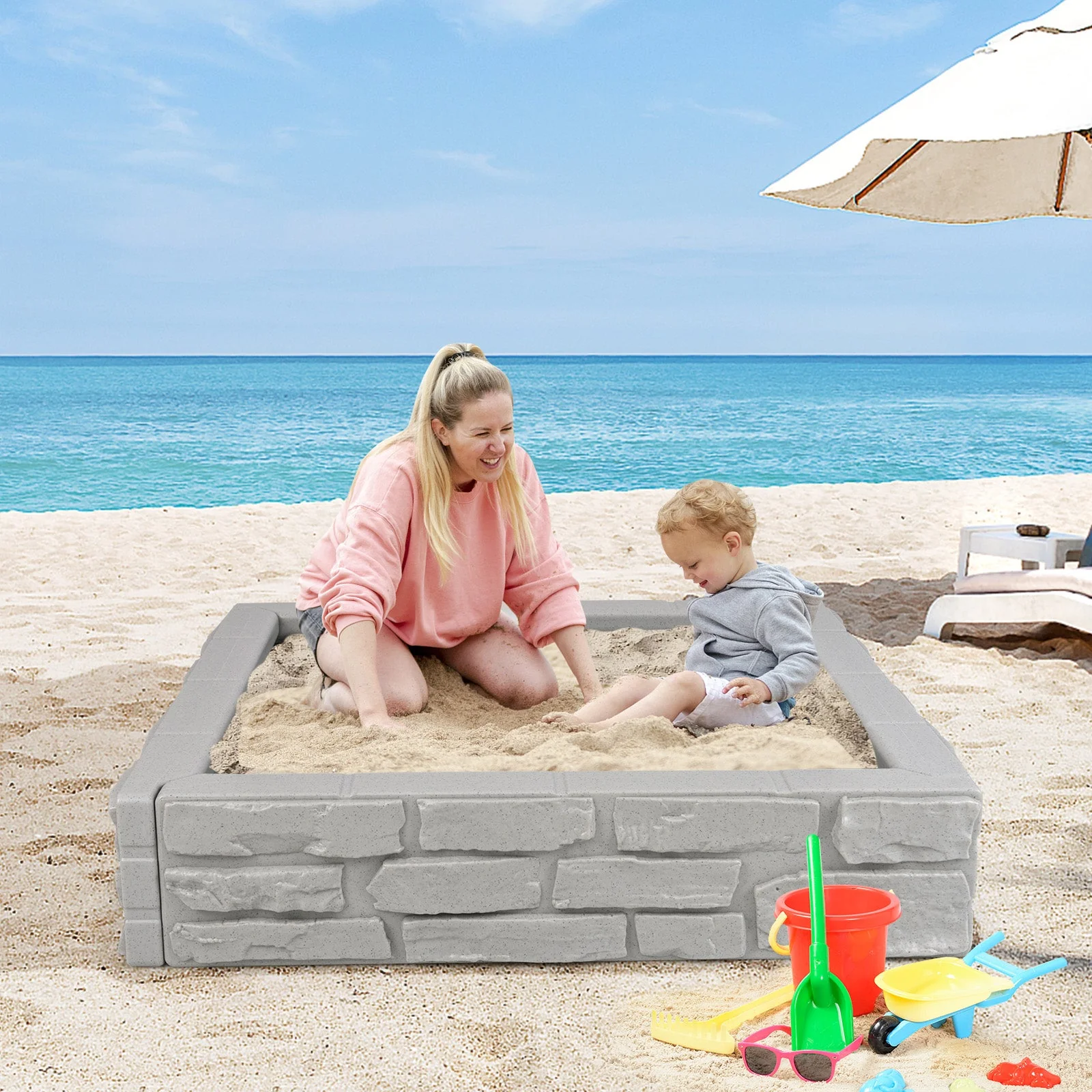 2-In-1 HDPE Kids Sandbox with Cover and Bottom Liner-Gray - Image 2