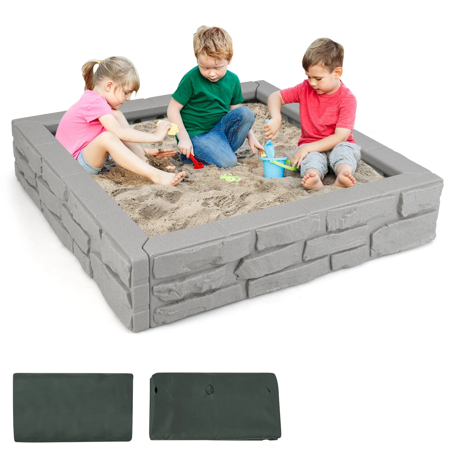 2-In-1 HDPE Kids Sandbox with Cover and Bottom Liner-Gray - Image 4