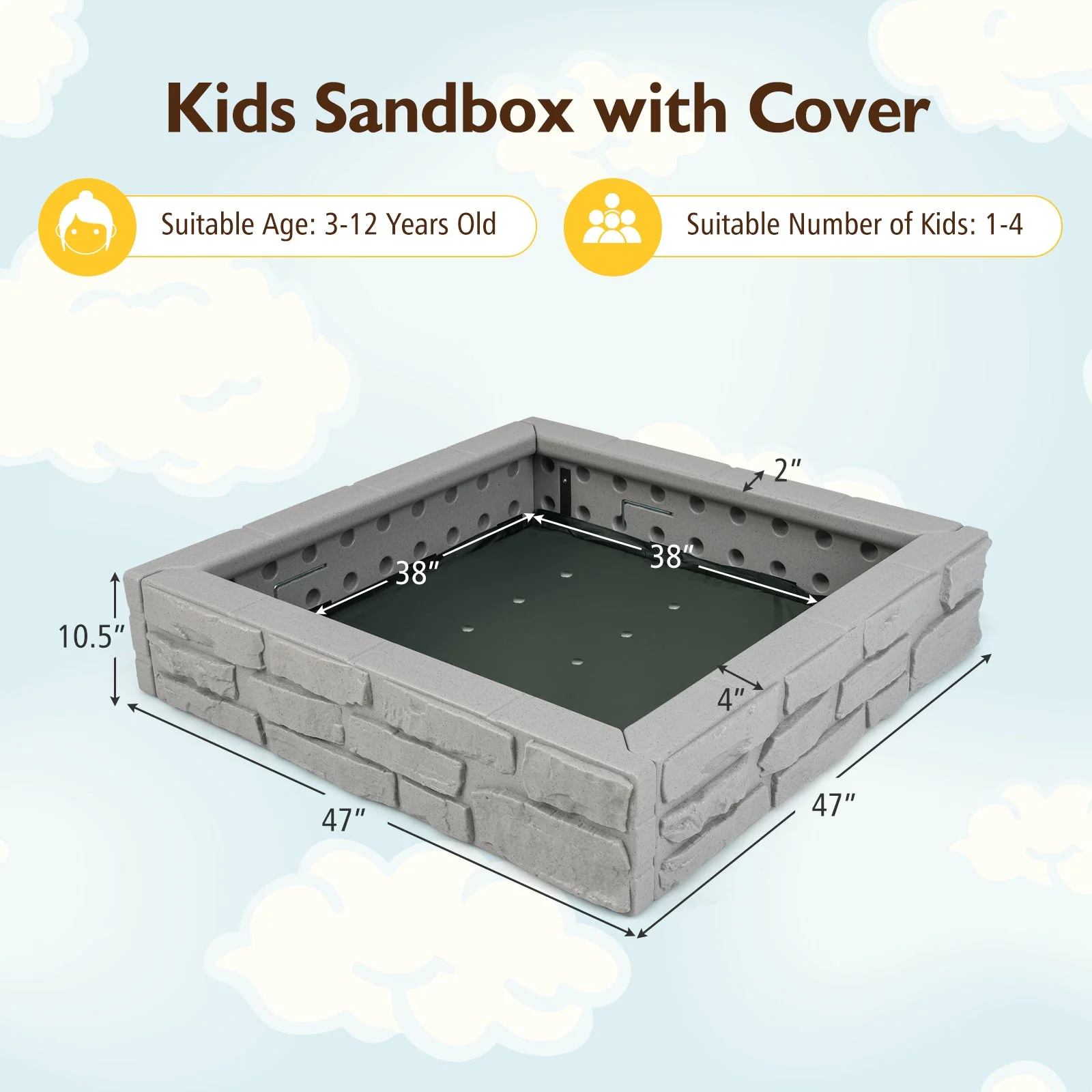 2-In-1 HDPE Kids Sandbox with Cover and Bottom Liner-Gray - Image 5