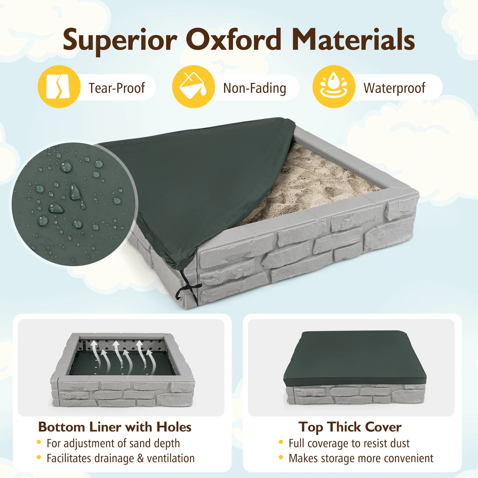 2-In-1 HDPE Kids Sandbox with Cover and Bottom Liner-Gray - Image 6