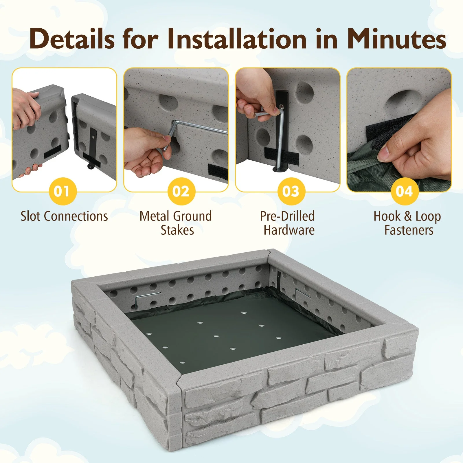 2-In-1 HDPE Kids Sandbox with Cover and Bottom Liner-Gray - Image 7