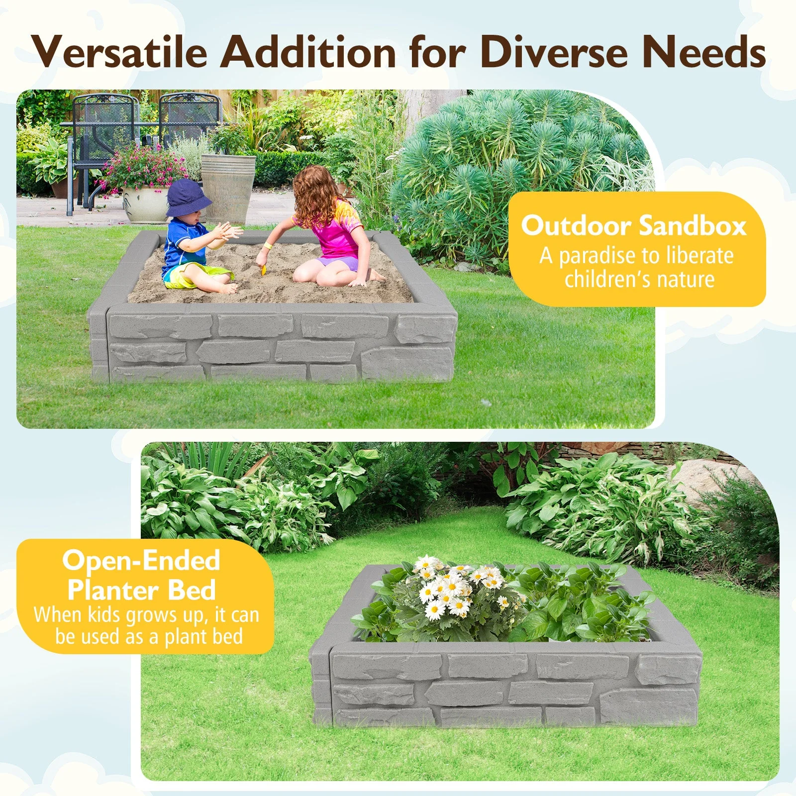 2-In-1 HDPE Kids Sandbox with Cover and Bottom Liner-Gray - Image 8