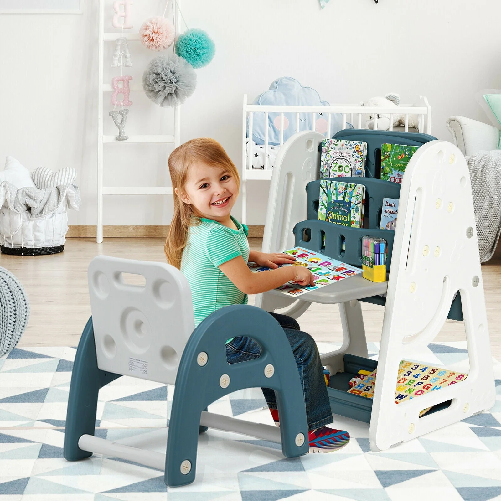2-in-1 Kids Easel Desk Chair Set Book Rack Adjustable Art Painting Board-Blue - Image 2