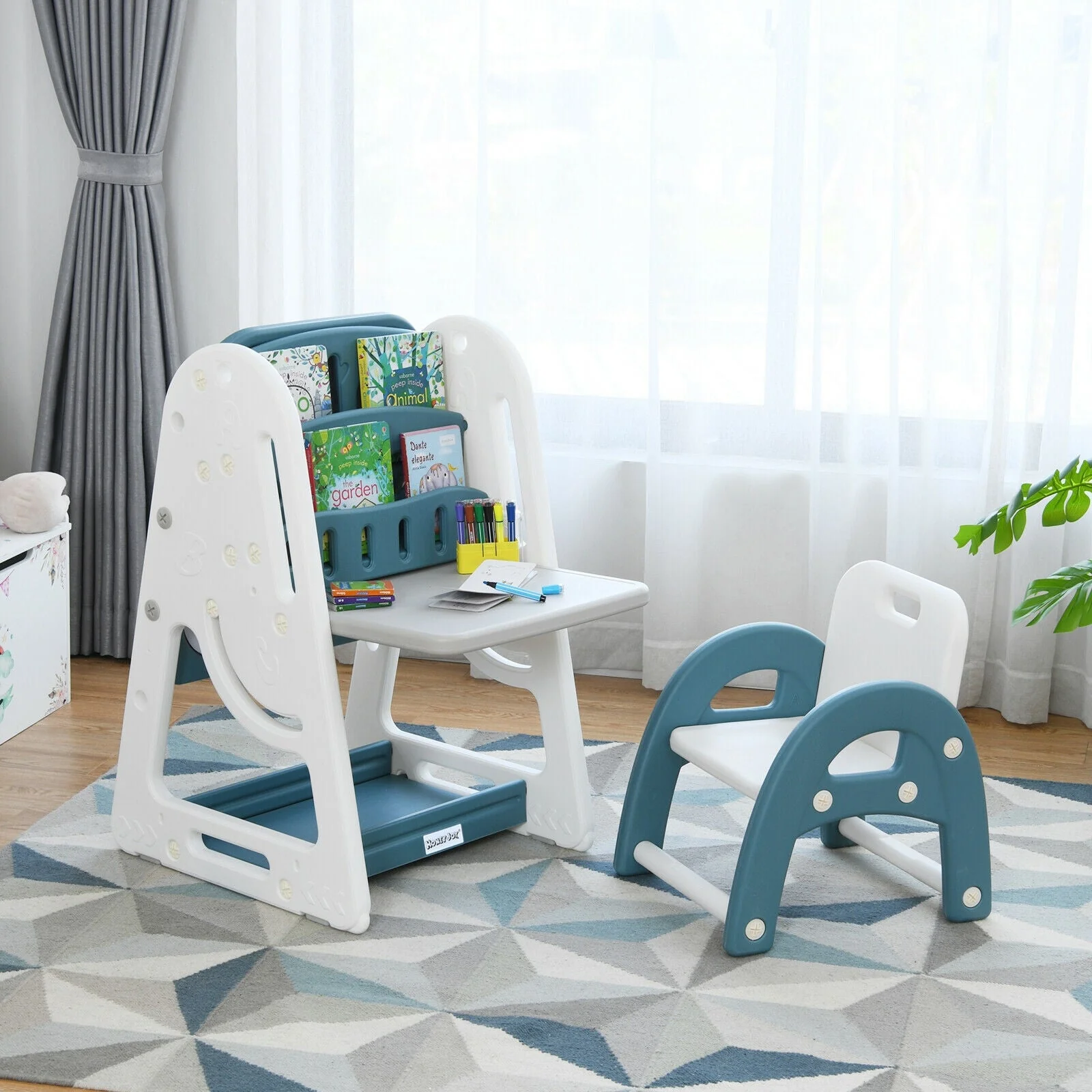 2-in-1 Kids Easel Desk Chair Set Book Rack Adjustable Art Painting Board-Blue - Image 3
