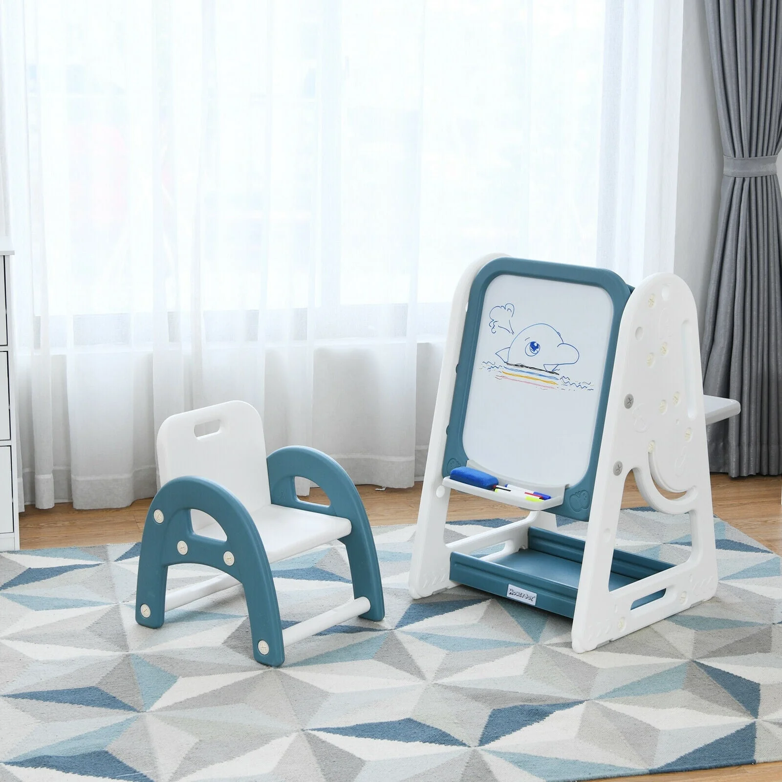 2-in-1 Kids Easel Desk Chair Set Book Rack Adjustable Art Painting Board-Blue - Image 4