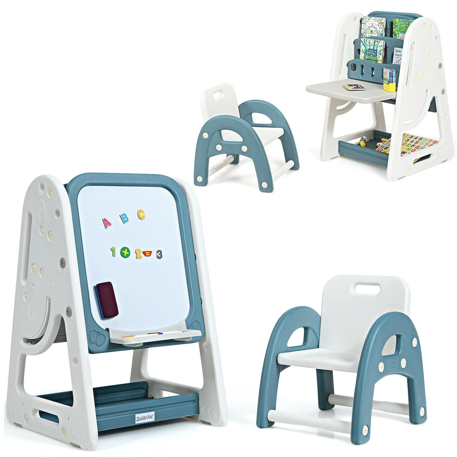 2-in-1 Kids Easel Desk Chair Set Book Rack Adjustable Art Painting Board-Blue - Image 5