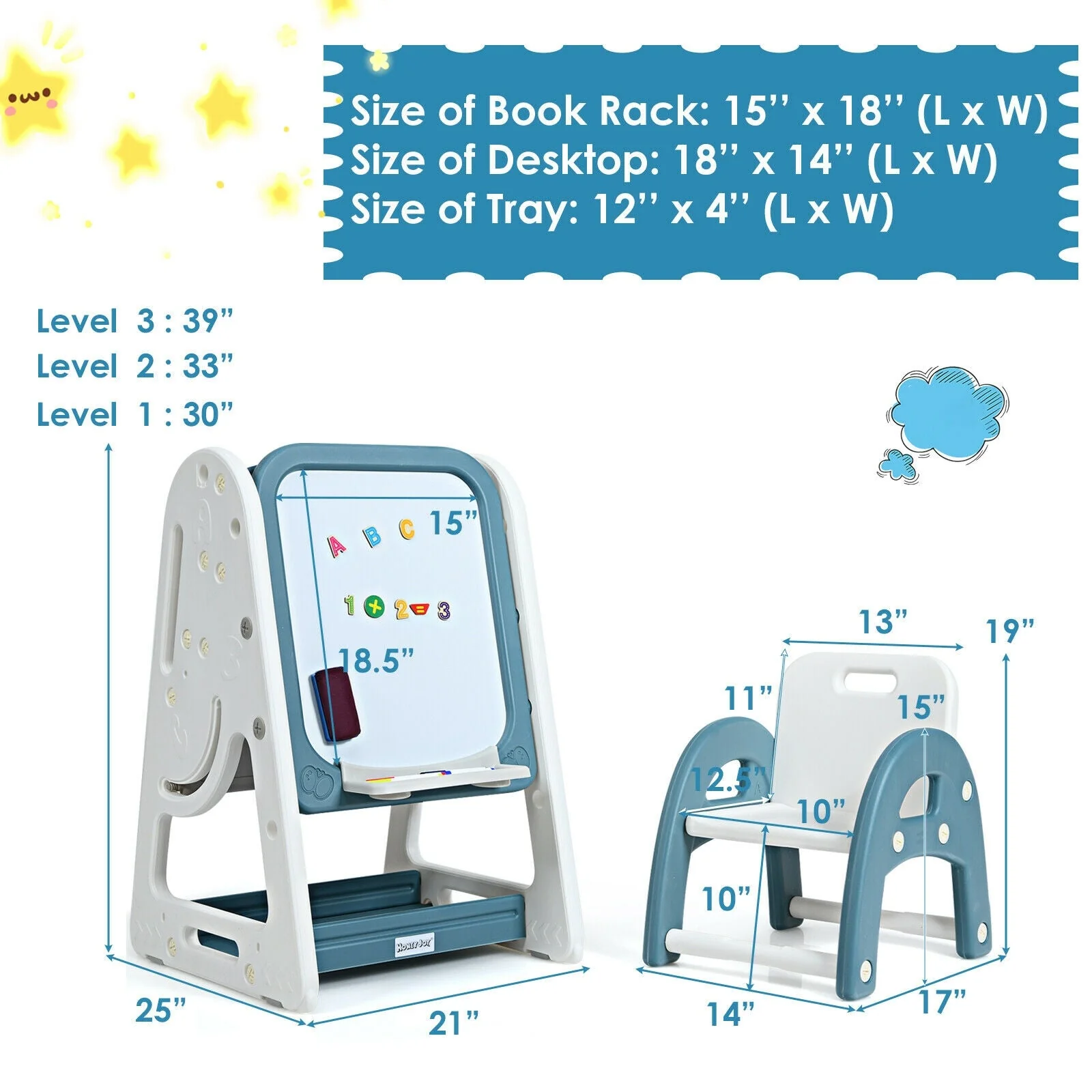 2-in-1 Kids Easel Desk Chair Set Book Rack Adjustable Art Painting Board-Blue - Image 6