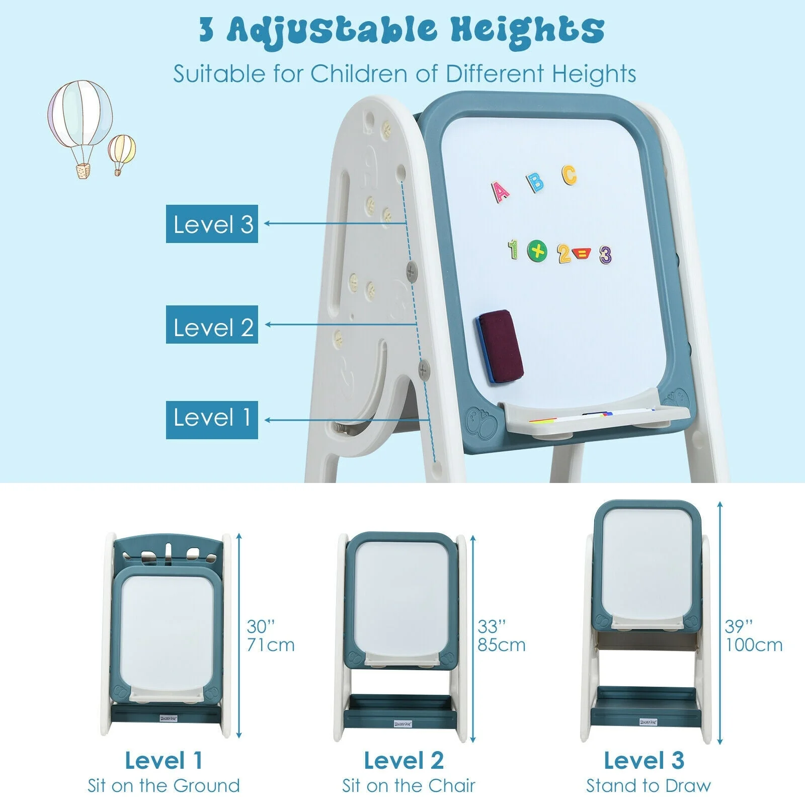2-in-1 Kids Easel Desk Chair Set Book Rack Adjustable Art Painting Board-Blue - Image 7