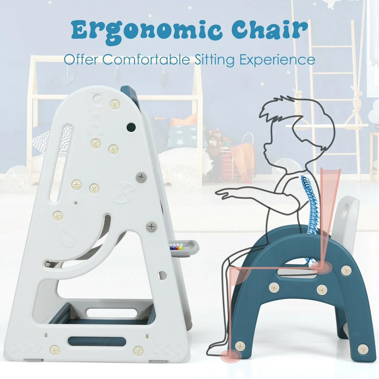 2-in-1 Kids Easel Desk Chair Set Book Rack Adjustable Art Painting Board-Blue - Image 8